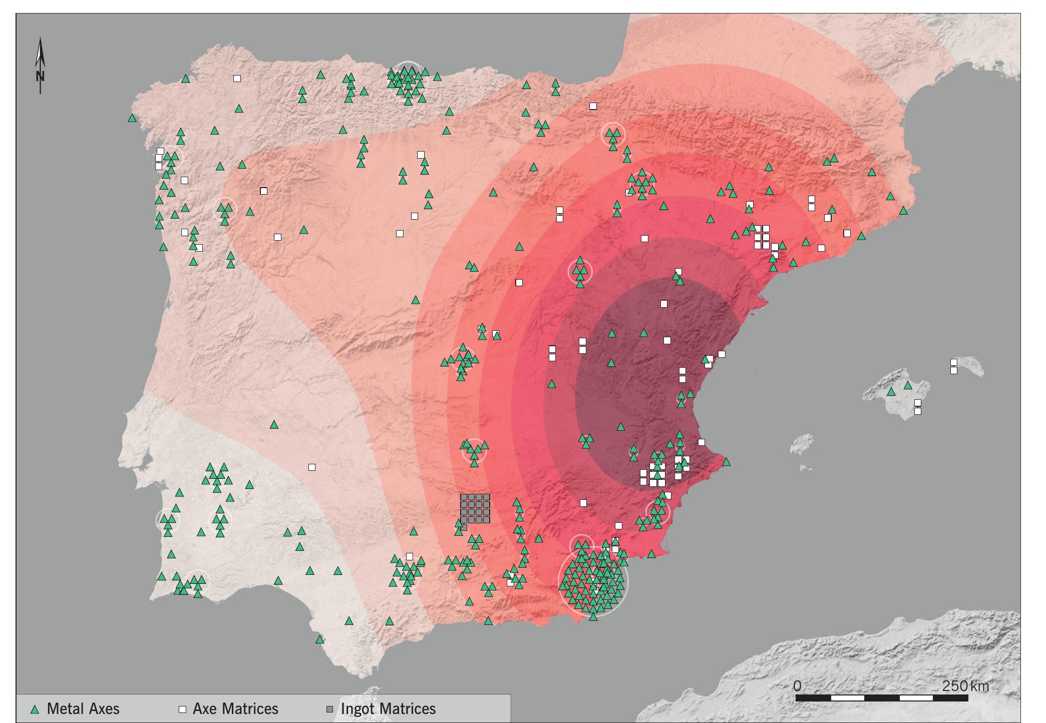 Fig. 3 Map of the Iberian Peninsula with the distribution of 96 axe matrices and 367 metal axes examined in the study, including axe-shaped ingot matrices from Penalosa (Jaén). The background heatmap represents the concentration of axe matrices, from 0 (white) to > 38 quantiles (dark red). 
