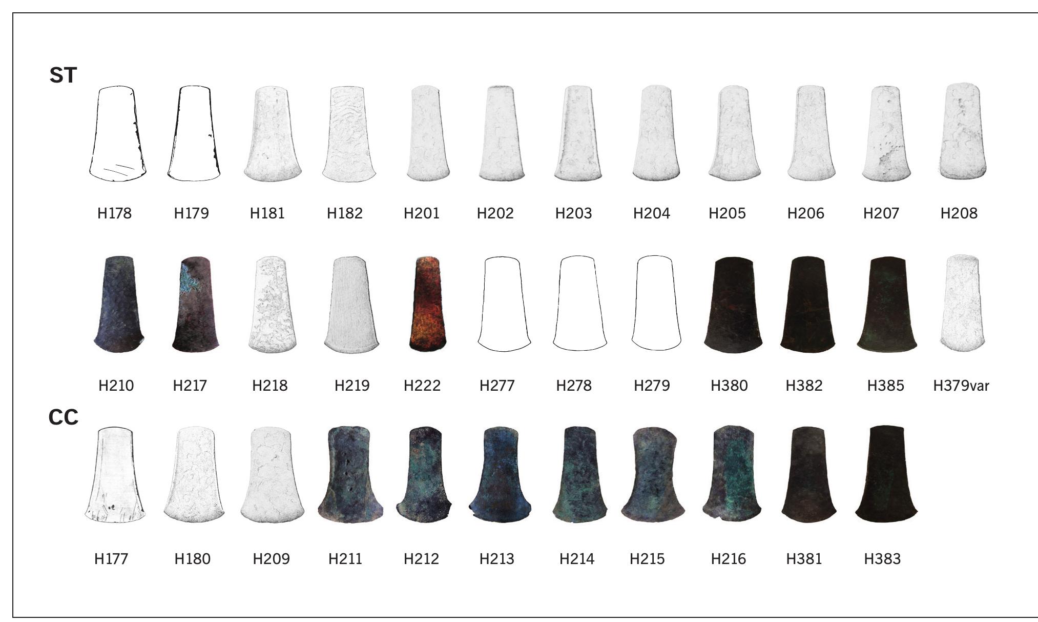 Fig. 8 Yunclillos axes (35). All shapes appear scaled to the same length in order to allow morphological comparability. ST straight profile; CC concave profile. For references, see Annex 1.  The Yunclillos taxon includes 35 axes, one of them being a variant, but no moulds (Fig. 8). These axes can be easily  A very different cluster is defined by axes of another well- known type, named after the metal deposit of Asiego in Asturias (Fig. 7). Metrically, they can be distinguished from the rest by having much narrower cutting edges in relation to the maximum length. The ratio between the two descrip- 