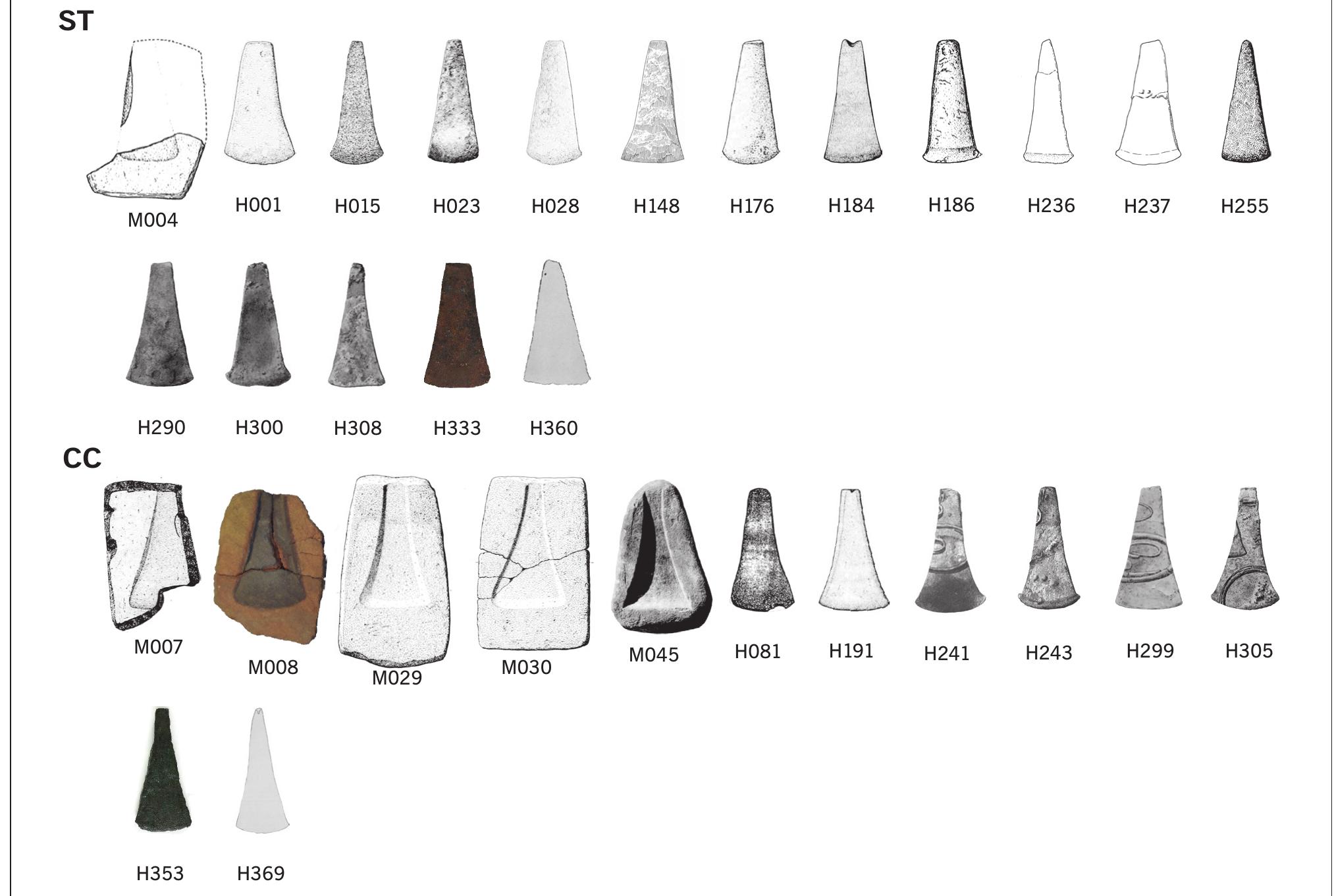 Fig. 11 TRI-TE-SA moulds (6) and axes (24). All shapes appear scaled to the same length in order to allow morphological comparability. ST straight pro: file; CC concave profile. For references, see Annex 1.  nounced slenderness (descriptor R1 being < 0.6). It always presents a narrow butt. The shape of the body can be rec- tangular or trapezoidal with straight flanges (Tab. 11). How- ever, more than half of the axes (18) are variants that do not fulfil one or more of the classificatory criteria, suggesting that these very simply shaped forms could be produced in a  non-standardised casting and forging procedure. This is also confirmed by the available weight measurements (14), which vary between 78-407 g. This taxon has a very extensive dis- tribution throughout Iberia, excluding only central and north Portugal, the Northern Meseta, and the Balearic Islands. Well defined pieces and variants do not show different dis- 