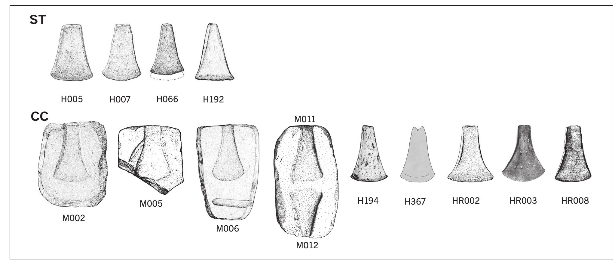 Fig. 12 TRI-TE-EB casting matrices (5) and axes (9). All shapes appear scaled to the same length in order to allow morphological comparability. ST straight profile; CC concave profile. For references, see Annex 1.  So far, the TRI-TE-EB taxon only consists of 14 cases, includ- ing 6 flat axes, 3 flanged axes, and 5 casting matrices (Fig. 12).  The TRLTE-SA taxon includes 30 cases, including 24 flat axes and 6 moulds (Fig. 11). They are strictly and exclu- sively formed by triangular shapes with strongly diverging flanges, a thin butt, a high symmetry, and a high- to mid- range slenderness (Tab. 12). Weight is available for around 