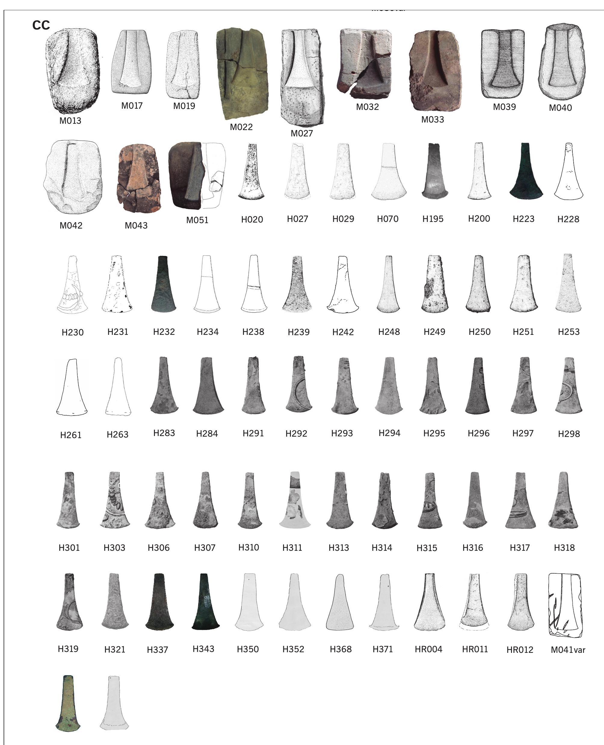 Fig. 13a—b TRA-TE-SA casting matrices (20) and axes (93). All shapes appear scaled to the same length in order to allow morphological comparability. ST straight profile; CC concave profile. For references, see Annex 1. 