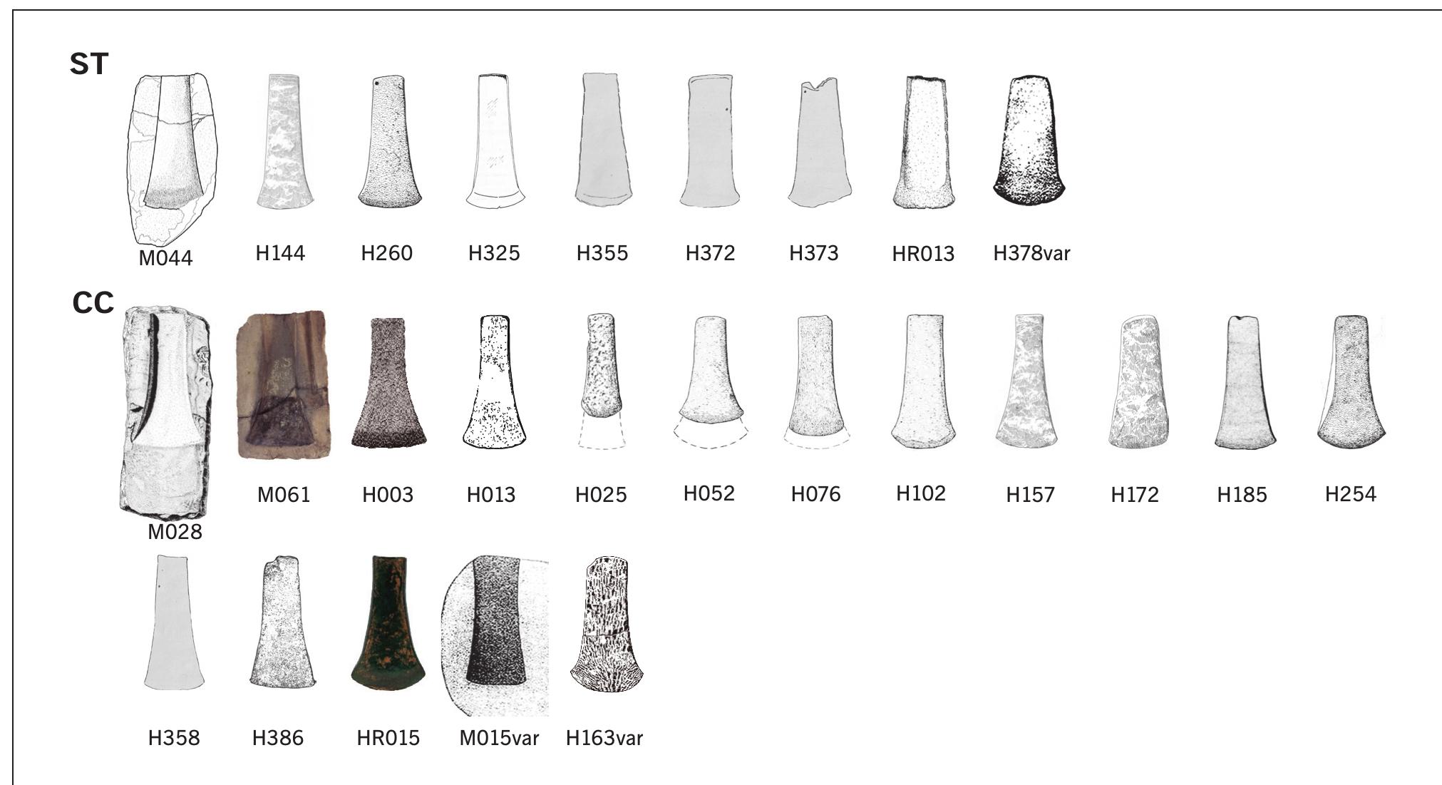 Fig. 17 REC-TE-SB moulds (4) axes (22). All shapes appear scaled to the same length in order to allow morphological comparability. ST straight profile CC concave profile. For references, see Annex 1.  and two axes are included as variants. They are defined by a rectangular shape, a thin butt, a low symmetry, and, usu- ally, a medium slenderness. According to the available or inferred weight data (5 and 17 respectively), they were small- sized tools (Tab. 18), produced and circulating mostly in South-Eastern Iberia. Occasionally, axes can be found in the south-west, the north-east, and in the north, with no cases in between. More than half of the axes have been analysed chemically (14). They tend to be relatively rich tin bronzes (c. 6-12 % Sn). Only three axes are arsenical copper.  The REC-TE-SB consists of 26 observations, including 20 flat axes, 2 flanged axes, and 4 moulds (Fig. 17). One mould 