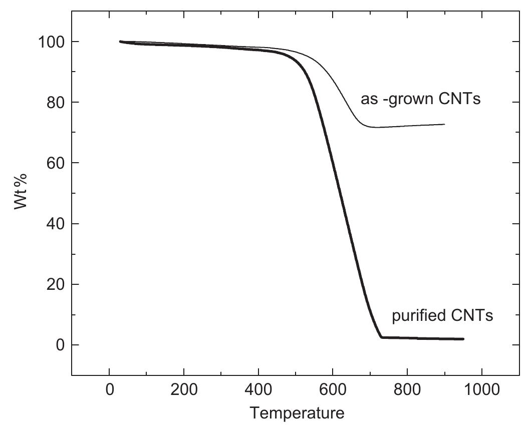 Fig. 4. TGA curve for purified and as-grown MWNT obtained from rare-earth based AB» alloy hydride catalyst.  Fig. 3. (a) SEM image of purified MWNT, (b) TEM image of as-grown MWNT and (c) TEM image of purified MWNT obtained from rare-earth based AB» alloy hydride catalyst. 