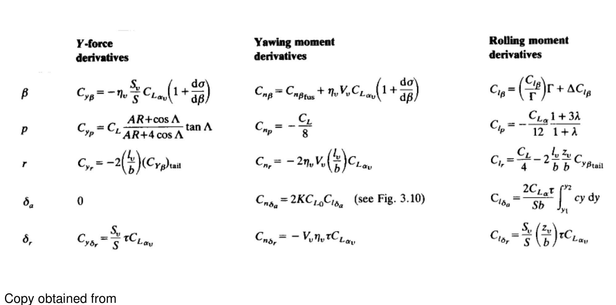 APPENDIX B: Lateral derivative equations  Robert C. Nelson Flight stability and Automatic control, 1st edition, Mc Graw-Hill, 1989,108 
