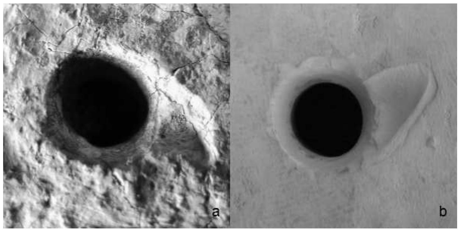 Fig. 3: Using simple flint tools to shape the edge of a replicated disk (a) and drill a hole (b).  Fig. 4: Chips around the hole of a Late Neolithic disk (a) and a replicated disk (b). 
