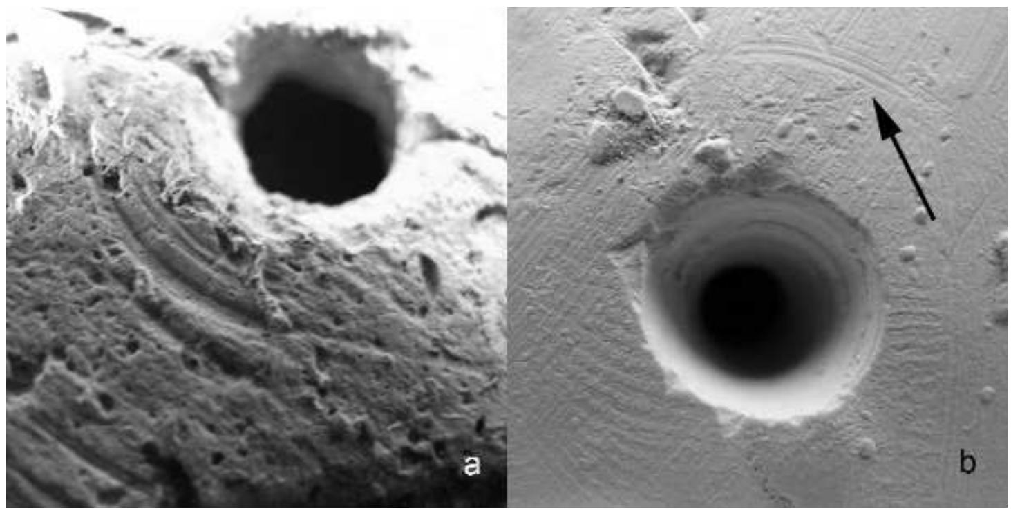 Fig. 5: Striations on the surface of a Late Neolithic disk (a) and a replicated disk (b). 