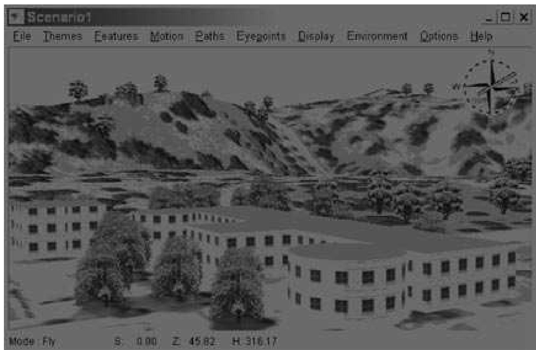 Figure 3. SiteBuilder 3D enables the user to visualize and navigate the landscape in a virtual 3D environment. This scene was created with a bas terrain generated from point features with elevation information. The base terrain was further textured with a satellite image. Buildings were extruded to their heights and textured with the provided 2D textures. Finally, 3D tree models were selected from the model library and placed onto the base terrain. 