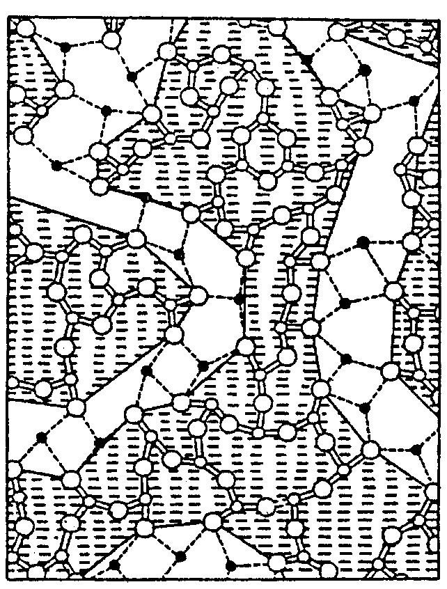 Modified random structure showing “alkali channels” (14).