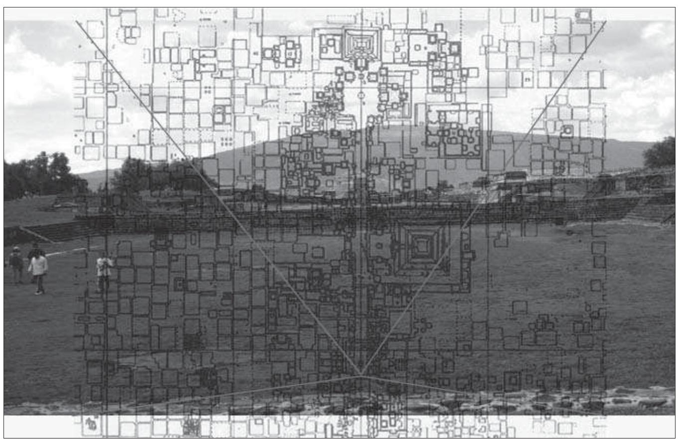 Figure 6. | Mapwork at Teotihuacan—photograph and map.  Certain visual qualities are, to be sure, carried from the material world and inscribed on maps. But thinking in terms of correspondence doesn’t get at 