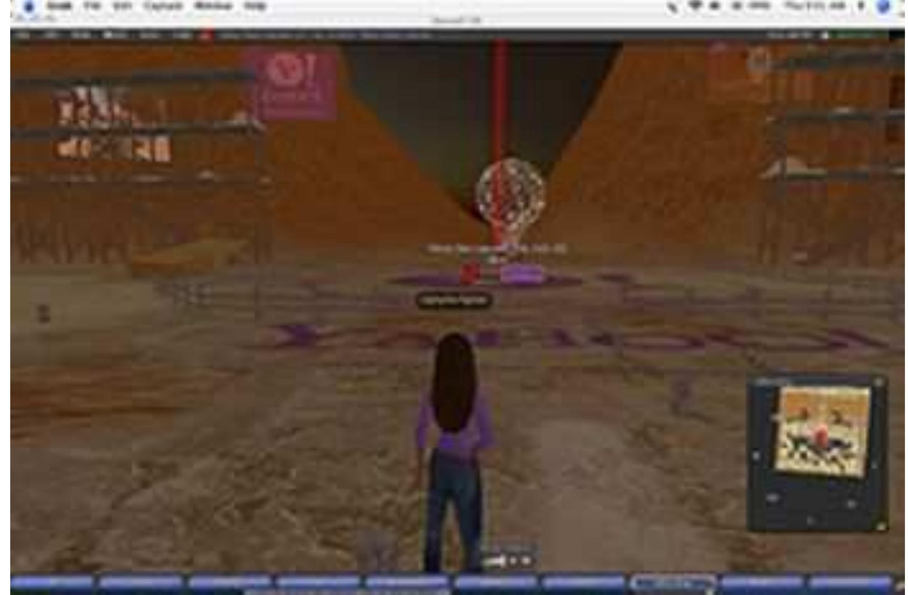 FIGURE 8. The Yahoo! time capsule “mixed reality” event in SecondLife. Replete with a digital rendering of the red rock walls of Jemez Pueblo, the avatars in this “re-creative" digital environment participated in (near) real time as the “FirstLife” activities unfolded. See note eight. Image: "freshelectrons. 