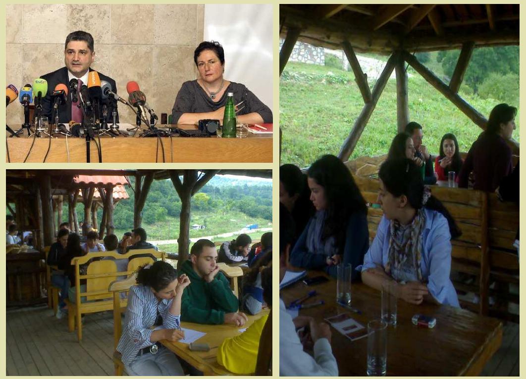Top right: Mr Tigran Sargsyan, Prime Minister of Armenia, and Mrs Jacqueline Karaaslanian, director of the Luys Foundation, during a former press conference. Photo Government of Armenia (2009). Bottom and left: Luys Foundation 2010 laureates during seminars in Yenokavan. Photo C. de Vartavan.  Reception of the talk was such that staff and students requested hin to put it in writing as soon as possible. Dr de Vartavan, thus profitin of an interlude before the Luys Foundation requested him at the en of July to join one of the split student teams in Karabagh, did just tha by writing a short and novel essay entitled “ The Fourth Brain’. / booklet where he expands on what has been briefly said during hi second lecture. The publication is currently circulating among friend and of course members of the Luys Foundation for criticism and wil soon be available to all for download through the web. Wheteas th remarkable activities of Luys Foundation’s first season, hailed al summer across the country by nearly all media, may be seen on th web at the following address: http://www.luys.am. Dr de Vartavai reported upon returning that participating in this educative missio: and speak before such an intelligent audience was one of the gteates honours he had ever received, perhaps creating a precedent i Egyptology. AA  