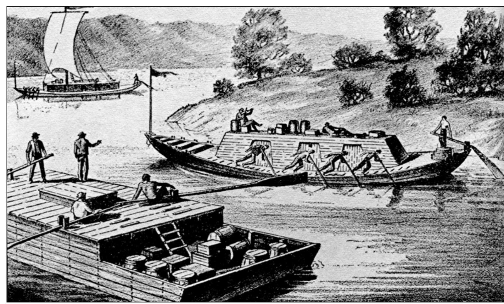 Figure 2.4. A river scene depicting both flatboats and keelboats used to transport barrels and crates of goods. Source: Curtis P. Nettels, The Emergence of a National Economy, 1775 1815 (New York: Holt, Rinehart and Winston, 1962), 268b. 