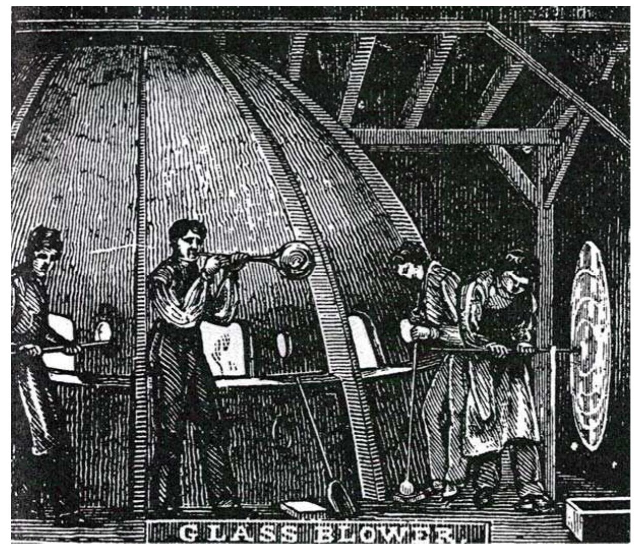 Figure 5.1. Wood engraving depicting craftsmen making crown glass. Source: Edward Hazen, Popular Technology; or, Professions and Trades (New Y ork: Harper and Brothers, 1843), 178. 