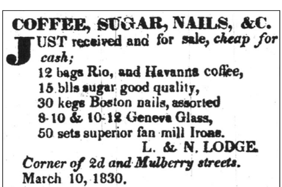 Figure 5.4. Advertisement for Geneva window glass. Source: Advertisement placed by L. & N. Lodge, Indiana Republican (Madison, IN), March 10, 1830:3.  operation in the late 1880s.'°°  in 1812 by a group of eight investors, including Charles Ihmsen, and was still in 