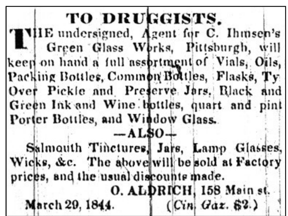Figure 5.5. Advertisement for glass made by C. Ihmsen’s Green Glass Works, Pittsburgh. Source: Advertisement placed by O. Aldrich, Indiana American (Brookville, IN), April 12, 1844: 2. 