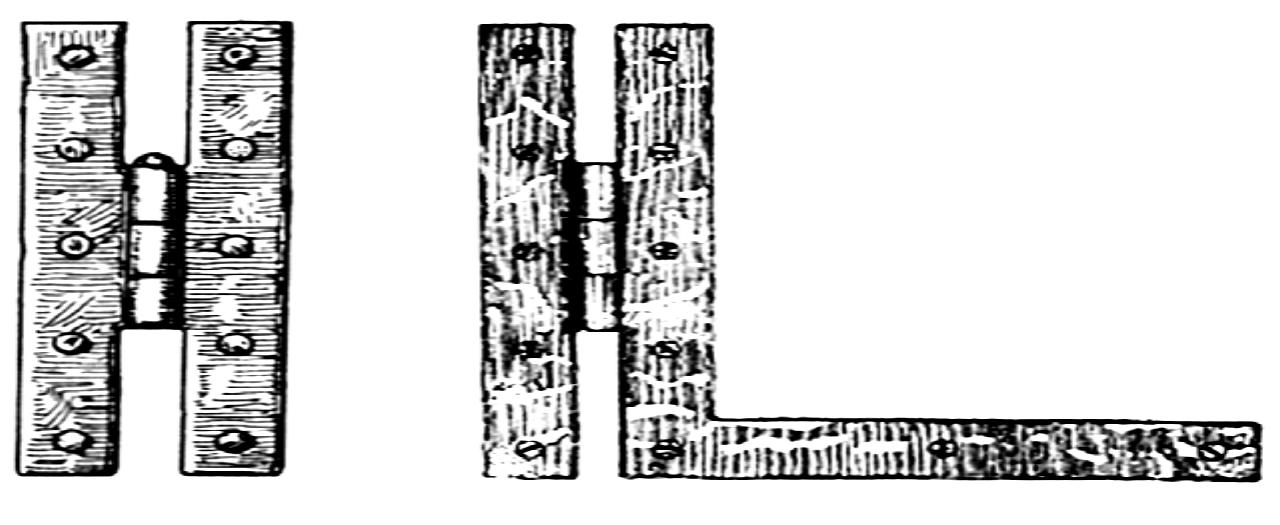 Figure 6.3. Illustrations of H (left) and HL (right) hinges. Source: Adapted from Harris, 173, 175.  supplanted them as the most common form of interior door hinge.'*  HL hinges continued into the early part of the nineteenth century when cast iron butts 