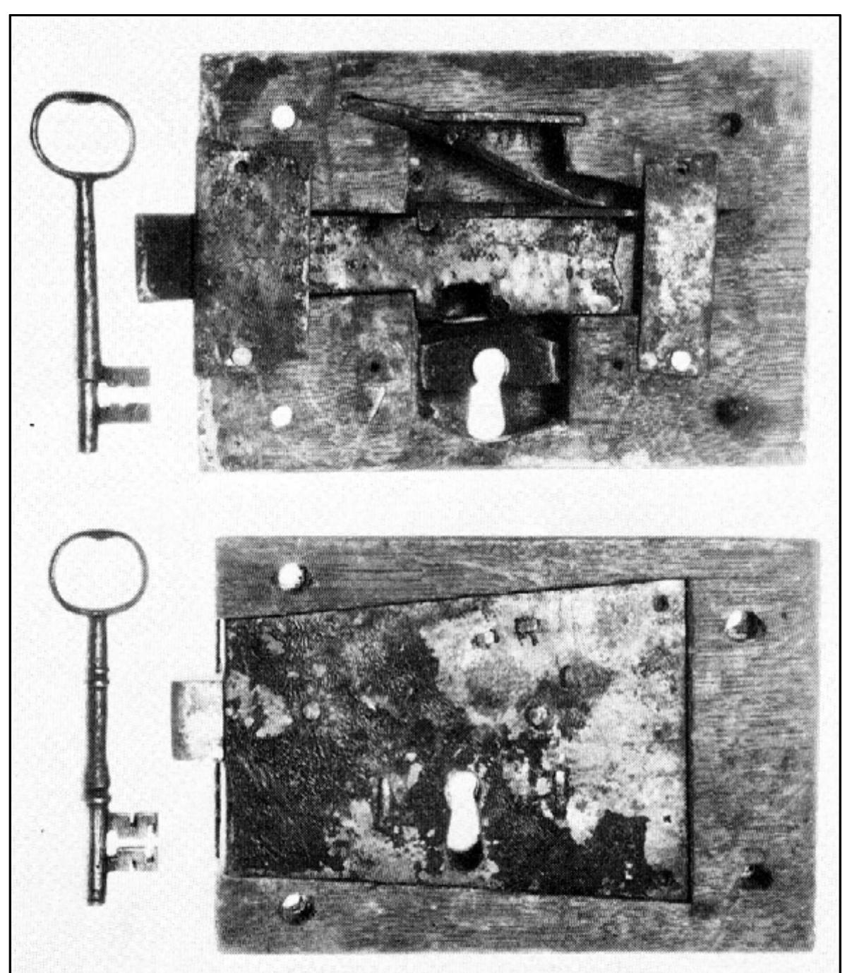 Figure 6.9. Two English locks. The upper lock is a plain stock lock with rear casing removed to show how the mechanism is set directly into the wood. The lower lock is the slightly better-grade plate lock, in which the mechanism is mounted on an iron plate set into the wood. Source: Streeter, “The Historical Development of Hand Forged Iron Builders’ Hardware,” 12.  plate locks,7” 