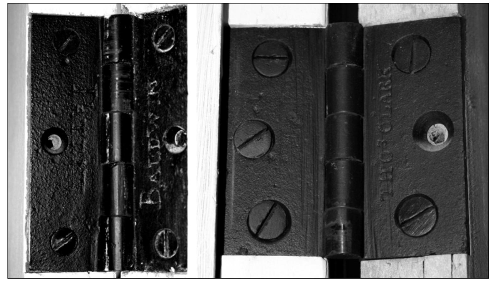 Figure 6.14. Cast iron butt hinges marked “BALDWIN PATENT” (left) and “THOS CLARK” (right) from the Borland House, Bloomington, Indiana. Source: Adapted from photographs by author.  “American Hardware,” this author believes they are of English origin.  Locks were another form of hardware imported from England in the early 