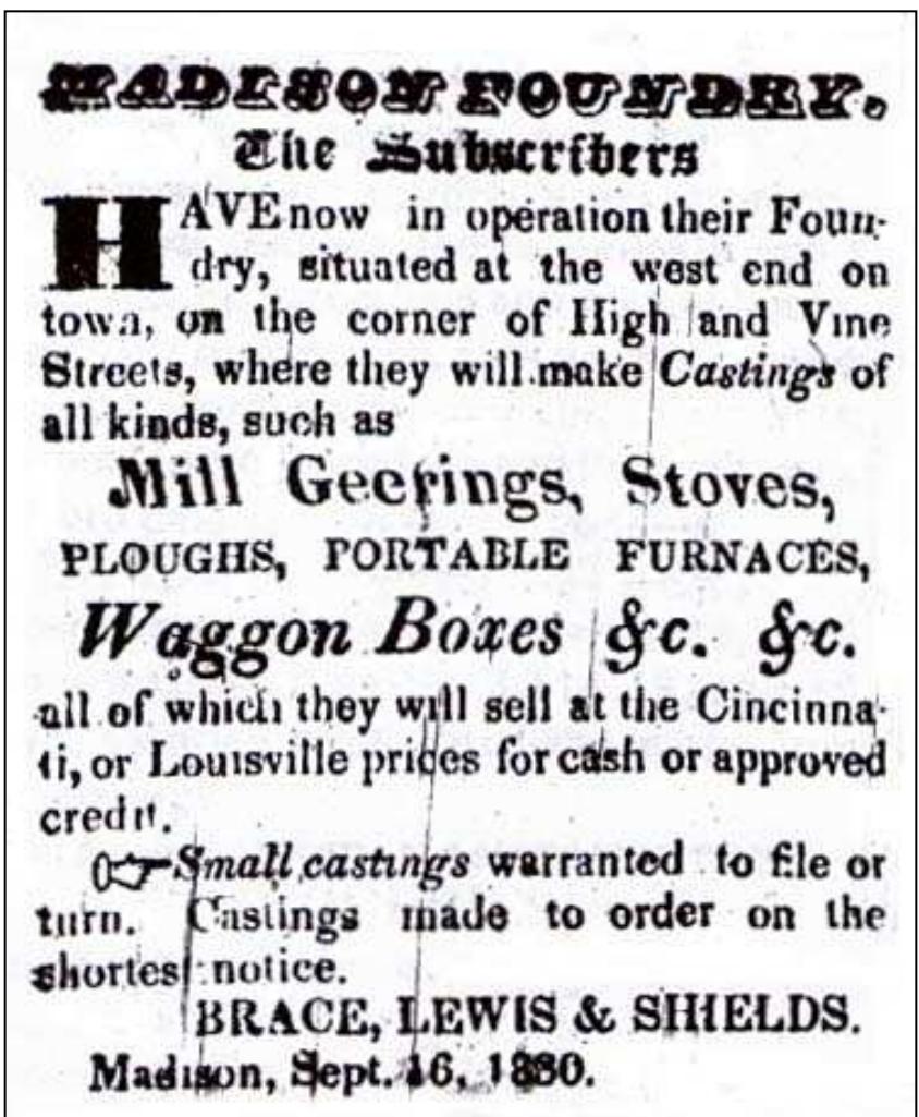 Figure 7.6. Advertisement for stoves and portable furnaces manufactured by the Madison Foundry. Source: Advertisement placed by Brace, Lewis & Shields, Indiana Republican (Madison, IN, September 16, 1830:3. 