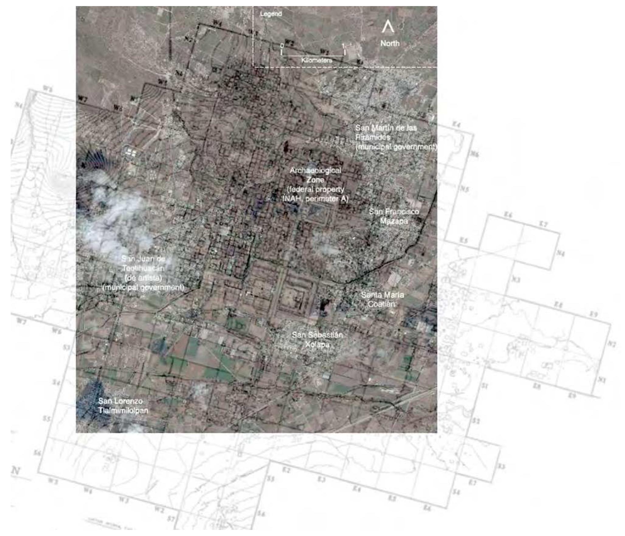 Figure 3.3: Merging media and material; satellite imagery and the TMP map covering the 20 square kilometers of the pre-Hispanic metropolis and contemporary suburbs (Image: Webmoor, adapted from Millon 1973). 