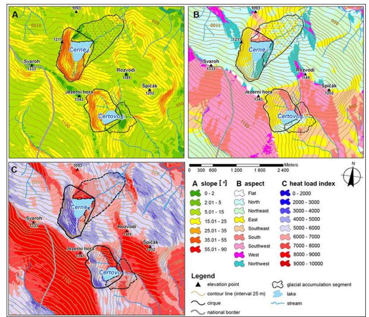 The map of slope gradients, aspects and heat load index