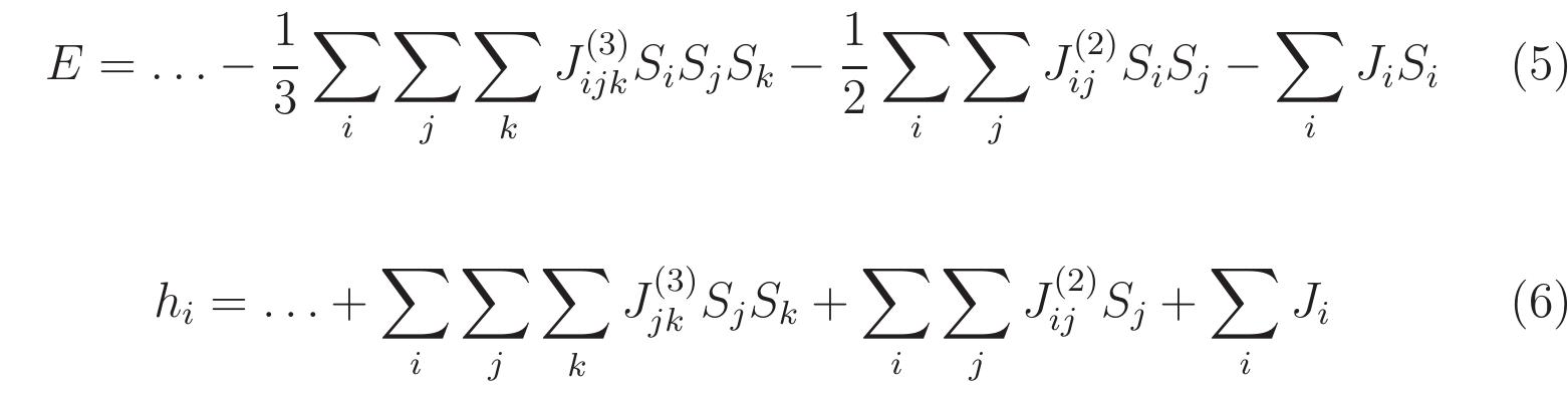where the system in Hopfield model consists of N formal neurons each
of which is described by an Ising variable S;(is called the state of neuron
i), Sje{1,—l}and S; = sign(h;). The updating rule maintains S;(¢+ 1) =
sign(h;(t)). Mi is the synaptic strength from neuron i to neuron j, where the
synaptic strength are symmetric with zero diagonal|(15]
 neurons-which are binary threshold neurons- are determined based on the con-
straints and solution criteria of the optimization problem to be solved. Each
unit is connected to all other units except itself, as a result, avoids a permanent
feedback of its own state value. Figure 3.3. shows the architecture of Hopfield
network. A solution is active after the network is relaxed and reaches a stable
state. The energy function in higher order is thus[15]:
