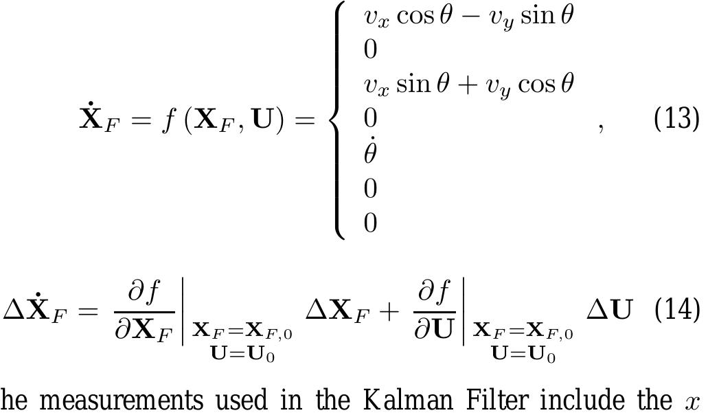 Using these definitions, the state equations are defined in (13). This non-linear system can then be linearized using a Taylor Series approximation, as shown in (14). 