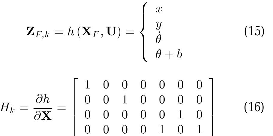 The recursive Extended Kalman Filter algorithm then follows the following procedure, where @ is the modelled random process noise covariance matrix and R is the measurement noise covariance matrix:  The measurements used in the Kalman Filter include the x and y position estimate from the trilateration filter, the rotation speed of the vehicle as measured from the wheel encoders, and the heading of the vehicle as measured by the digital compass. As such, the measurement equation and observation matrix of the EKF are given by (15) and (16), respectively. 