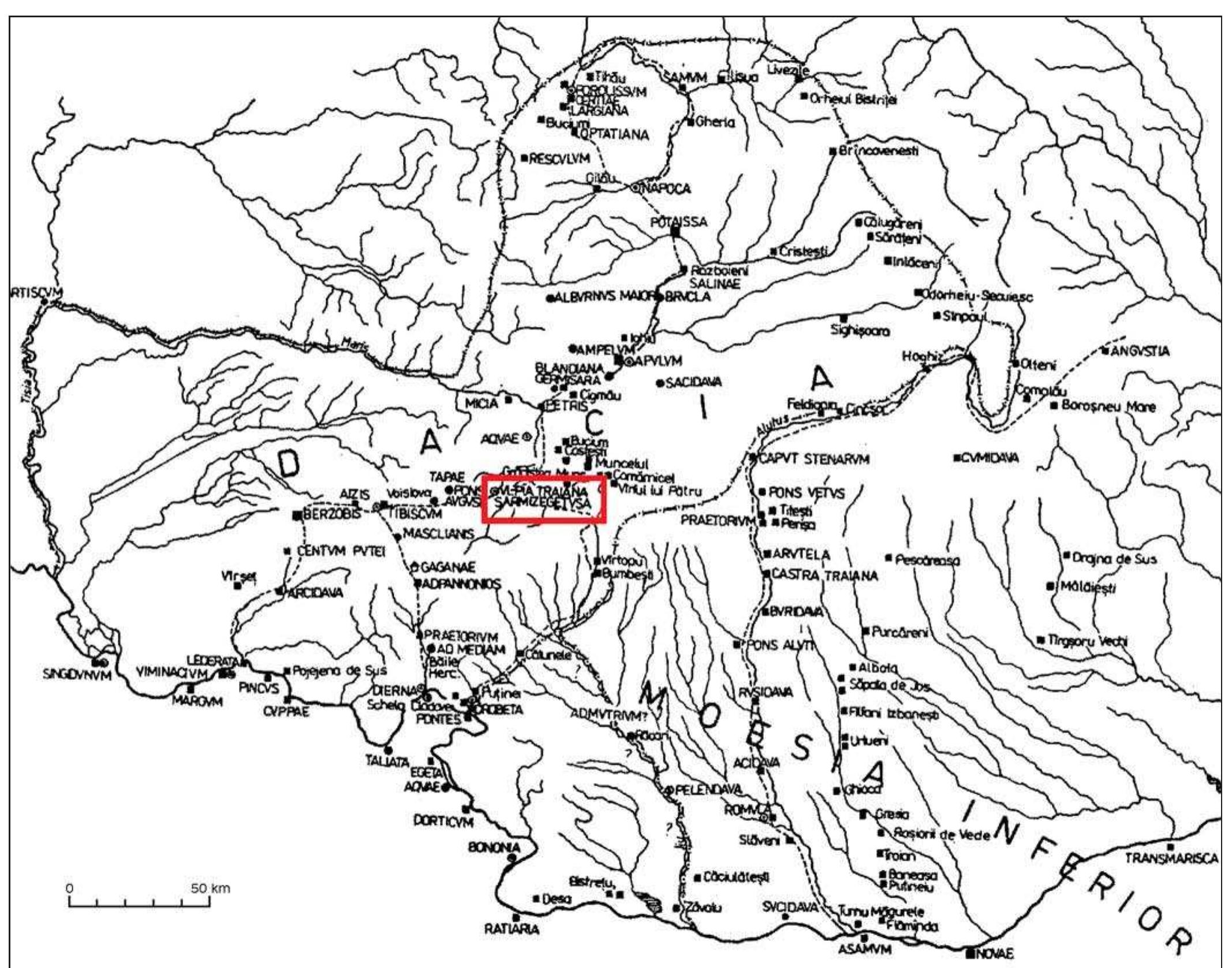 Map of the roman province dacia (modern romania). — (after
