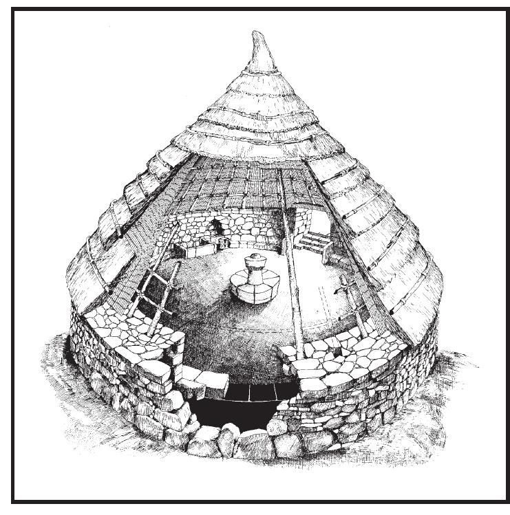 ment of a more sophisticated type of hut which was indicative of a greater variety of activities: these are the so-called ‘sector huts’, which sometimes reach the size of a regular block, that is, a com- plex of small rooms opening onto a courtyard and often provided with an oven for baking bread. A special area often found inside these sector huts, consisting of a small circular room (the so-called ‘rotunda’) built with great care and containing a bench against the wall and a stone basin in the centre, was surely set aside for do- mestic religious rites.  The final stages of the nuragic civilization saw the develop- 