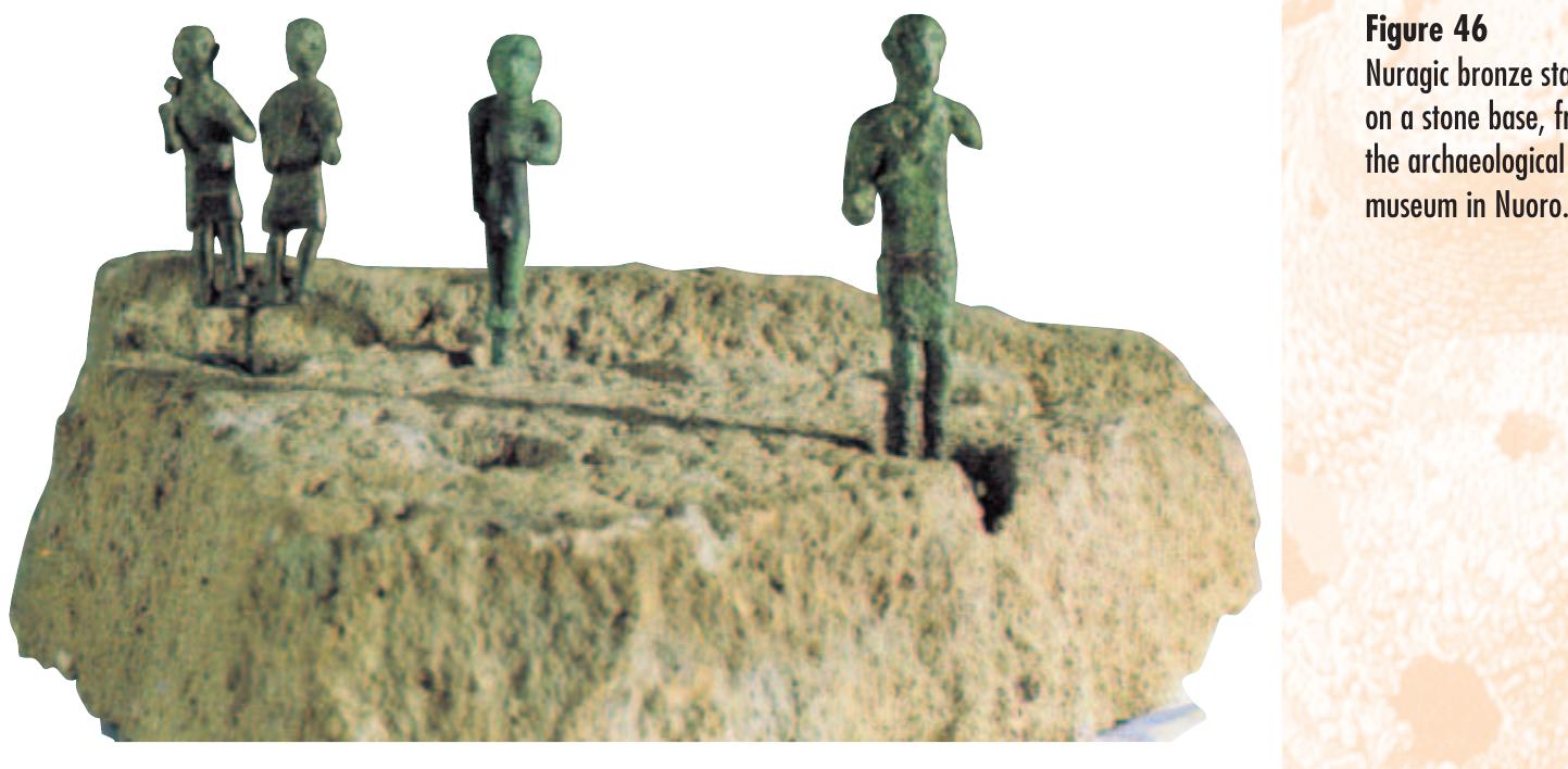 received. Not seldom the bronze figure represents the offerer in per- son who has himself portrayed by the artist in the act of carrying his offer (a loaf of bread, an animal for sacrifice, hides or other objects he has made and so on) to the sanctuary; in other cases the reason for the request (a mother with her sick child in her lap) or thanks- giving (a lame person who offers a crutch — if it really is a crutch - after being cured) is quite explicit.  Almost all the soldiers, no matter how they are armed, have the typical nuragic dagger (or stiletto) with a gamma-shaped hilt to protect the back of the hand, hung around their necks: such dag- gers, which have actually been found during excavations, were car- ried ostentatiously and perhaps indicated hierarchical position or 