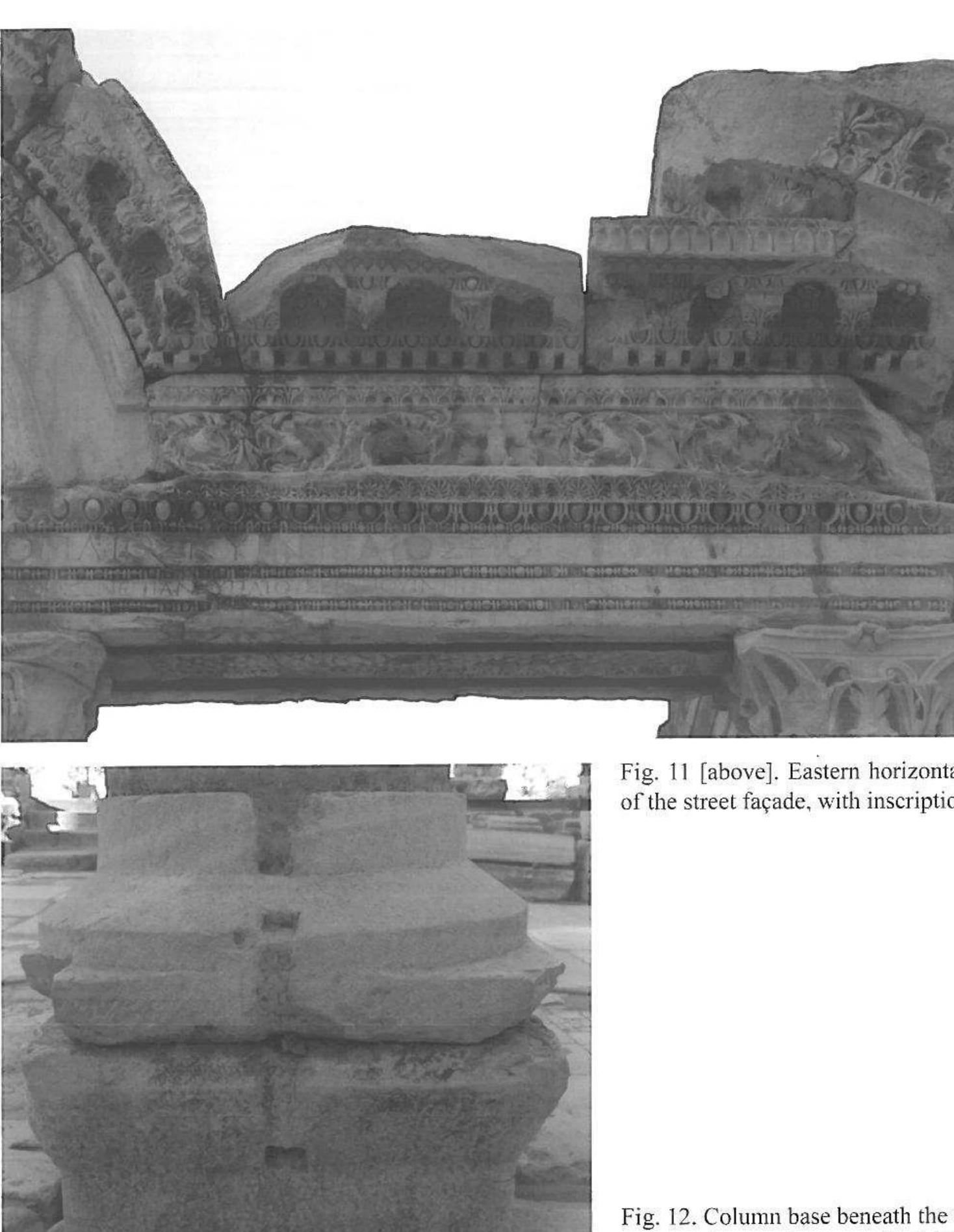 The relief blocks in the pronaos walls  Much has been written about the stylistic dating of the relief blocks that were inserted in the pronaos walls directly below the architrave. The two reliefs in the NW corner (fig. 5) are usually interpreted as Androklos (block “A”, fig. 5 left), the mythological founder of Ephesos, and Amazons (“B”, fig. 5 right); according to legend, the latter are also connected with the city’s foundation and with the sanctuary of Artemis.*” The two blocks in the opposite corner show mythological scenes with Amazons (“C”, fig. 13) and an assembly 