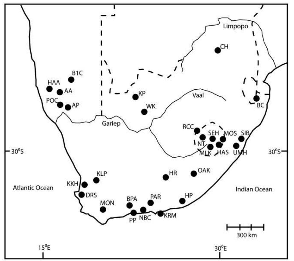 Figure 2. Distribution of Howiesons Poort sites (adapted from Jacobs et al. 2008). Site acronyms are defined in Jacobs, et al. 2008 online supplementary material.  Style, Symboling, and Interaction ¢ vis-a-vis: Explorations in Anthropology 