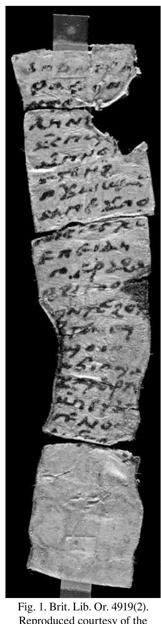 Joseph E. Sanzo, University of California, Los Angeles — sanzojsanzo@aol.com   12 The (reconstructed) text of Brit. Lib. Or. 4919(2) and the text of P.Berol. 22235 are very similar. With the exceptions of order (P.Berol. 22235 follows the “canonical order’), implementation of the superlinear stroke, and the repetition of the Matthean incipit at the end of P.Berol. 22235, the texts on these artifacts are the same. This agreement may suggest a shared provenance. 