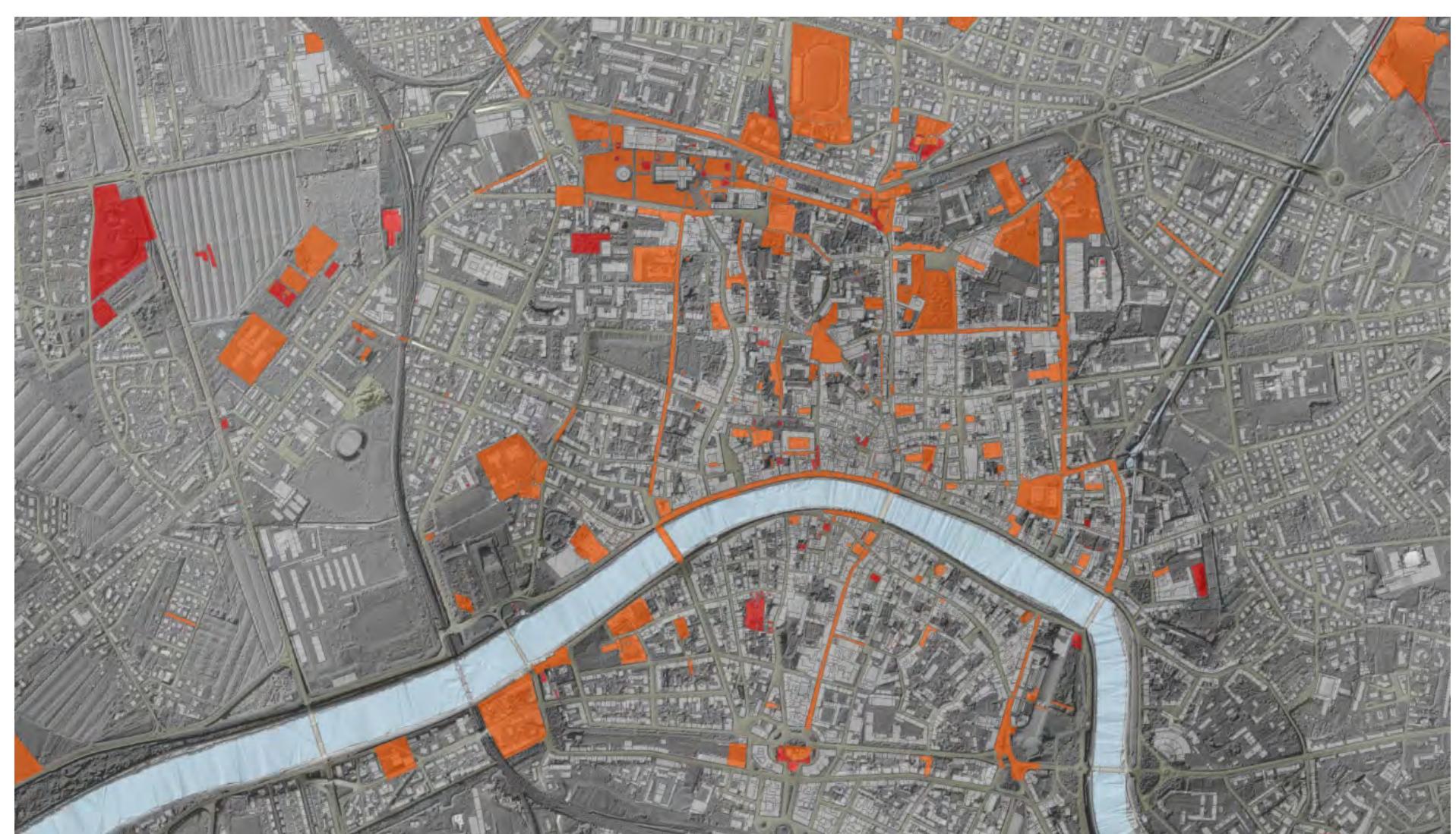 4.2 Interventions with accurate (red) or uncertain (orange) georeferencing inside the urban centre of Pisa, viewed on the DTM developed upon LiDAR information. All the interventions were depicted using a polygonal graph. 