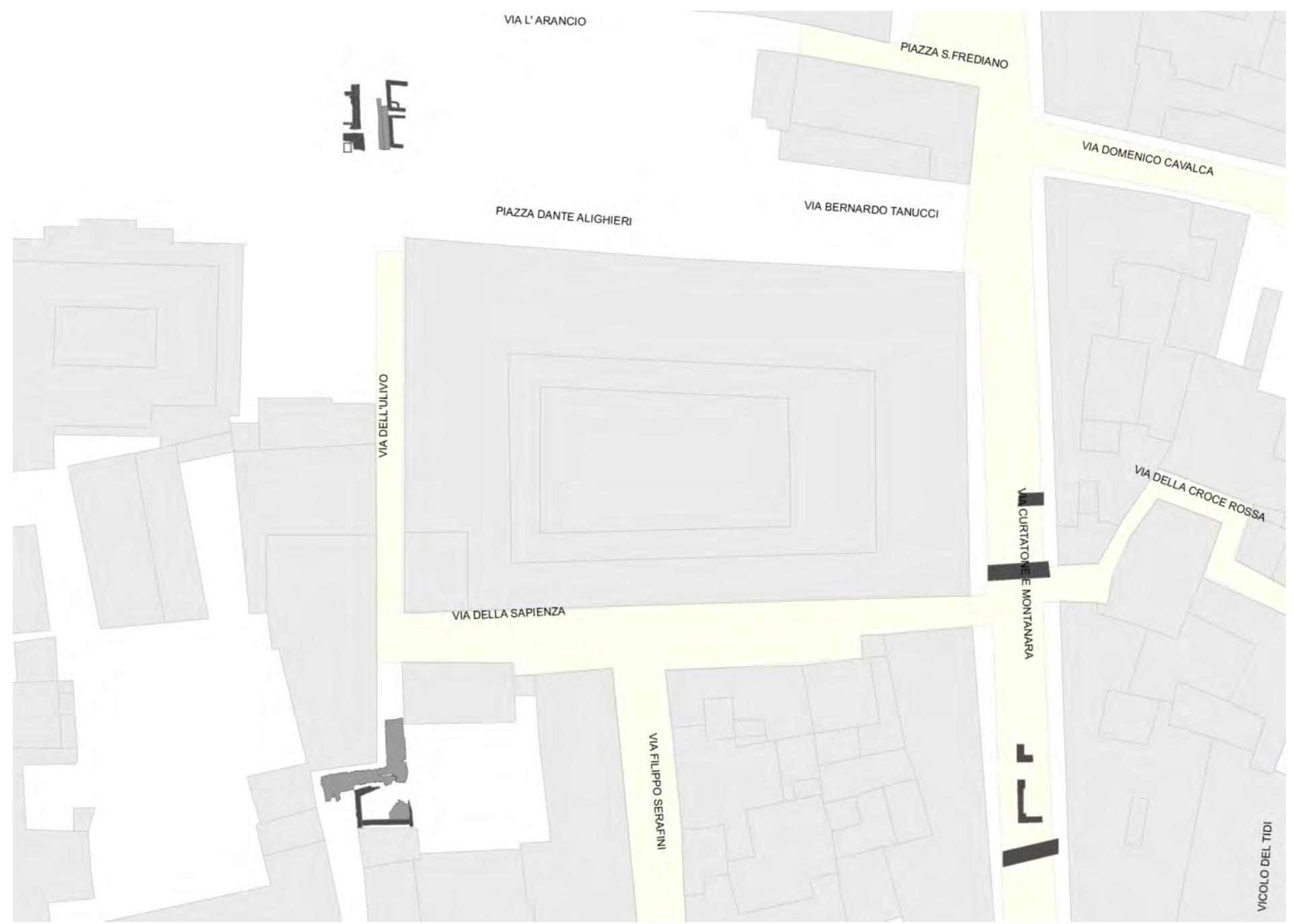 4.4 The Medieval structures (dark grey) and road surfaces (light grey) of the area surrounding Palazzo della Sapienza viewec on the |:2000-scale CTR vectorial map.  Thanks to the work carried out in the archives and on published documentation (see § 2) it was possible to retrieve complete archaeographic documentation (greatly related to excavations, but also including survey documentation), con- taining maps, records, images, etc., and partial documentation, mainly published documents, containing only part of the data, usually already interpreted. The introduction of data from strati- graphic excavations involves, on the one hand, faithfully re-proposing the context’s material  character and, on the other, collecting data inside an alpha-numerical database. For this reason, we decided to handle stratigraphic excavation data provided with complete documentation and stratigraphic excavation data provided with par- tial documentation differently, using two differ- ent files. All the contexts, both positive and nega- tive, were depicted using a polygonal graph. Ini- tially, (GATTIGLIA 2010) the decision was taken to use a polygonal graph for all positive contexts and a linear graph for negative contexts (NARDINI 2000); however, the difficulty in handling a large amount of data from various excavations led us to using just one polygonal file, which allows greater coherence from the viewpoint of the digi- tal tool and considerably simplifies both research and analysis (Figure 4.4). The separation between 