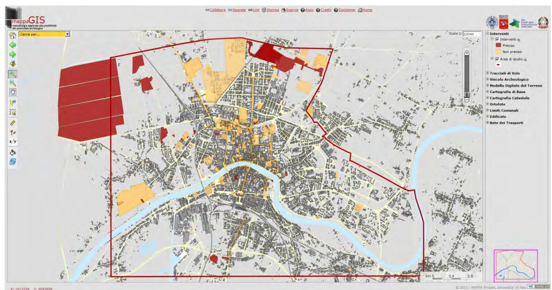 Fig. 5.2 The initial screen display of the MAPPAgis. The horizontal ribbon at the top, the toolbar and the Search by... tool on the left, the content window with the active thematic queries and those that can be enabled on the right, and the map in the centre. 