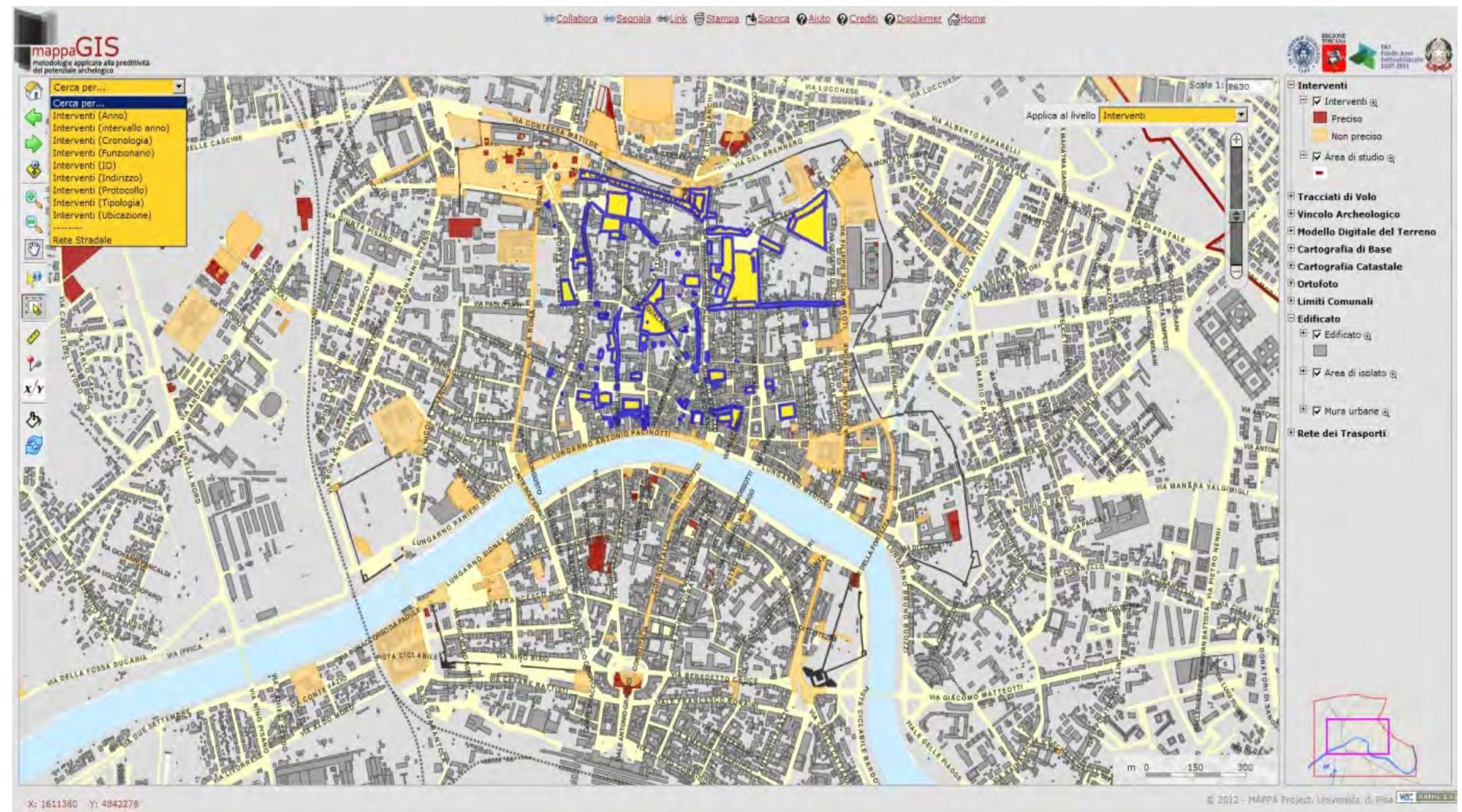 Fig. 5.3 The Search by... menu on the left and view of the interventions selected (yellow with blue edges) in the centre 