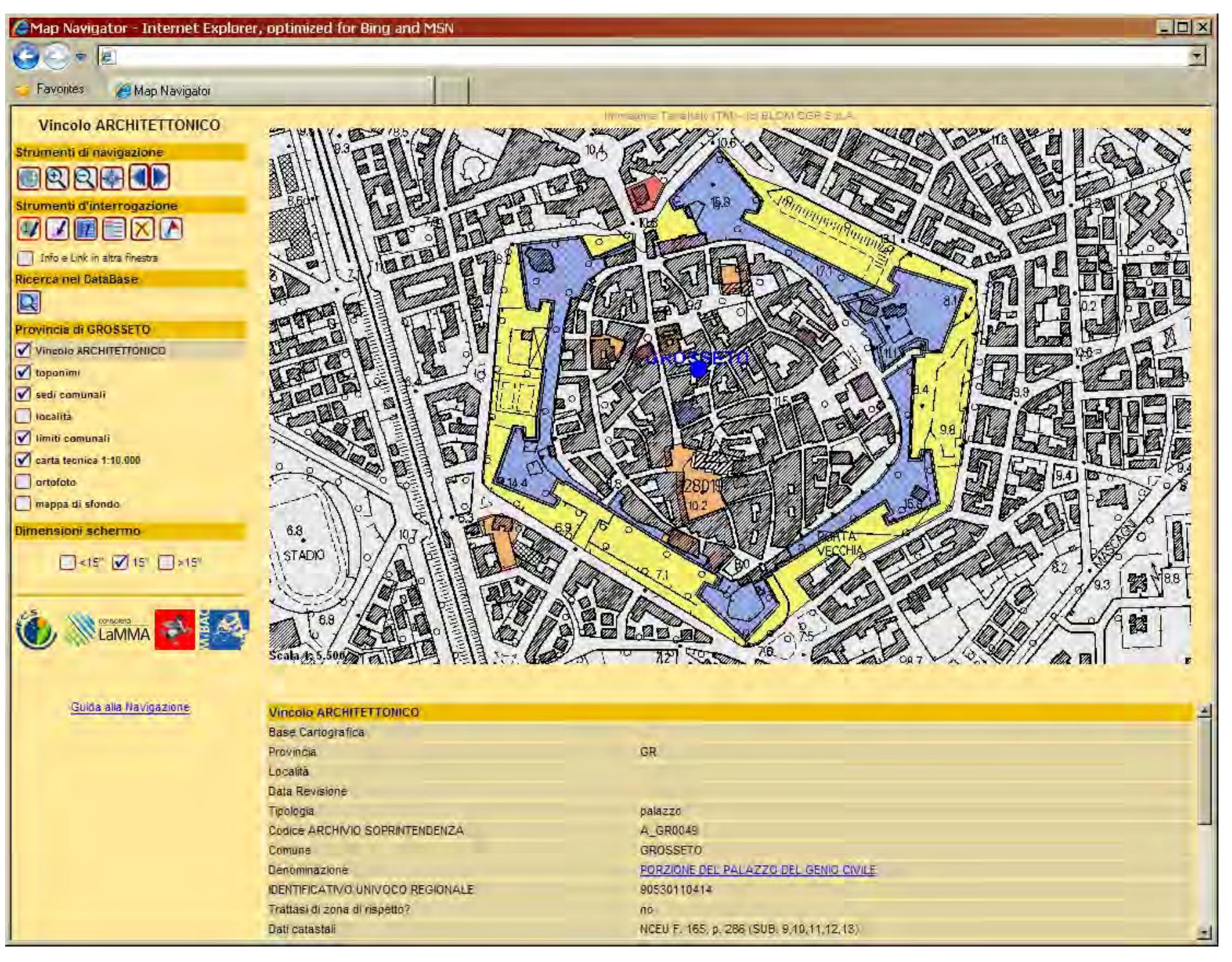 a , ©  Although identified in the decrees, the areas sub- ject to architectural restraints were delimited using the regional technical map (usually 1:2,000 scale in urban areas and 1:10,000 scale in extra-urban ar- eas) and by interpreting/converting the delimiting elements. Consequently, the maps produced are of a technical nature and can be directly used for ter- ritorial planning purposes (PIT, PTC, PSC, etc...).  Finally, the areas subject to landscape restraints, al- though mainly delimited through the description   The catalogue contains the scanned images of all the documentation related to heritage assets sub- ject to restraining measures (decrees, plans, his- torical and artistic reports, etc.). Every paper document, photocopied in the Superintendency, was indexed using a specific label with a univo- cal progressive numerical code. 