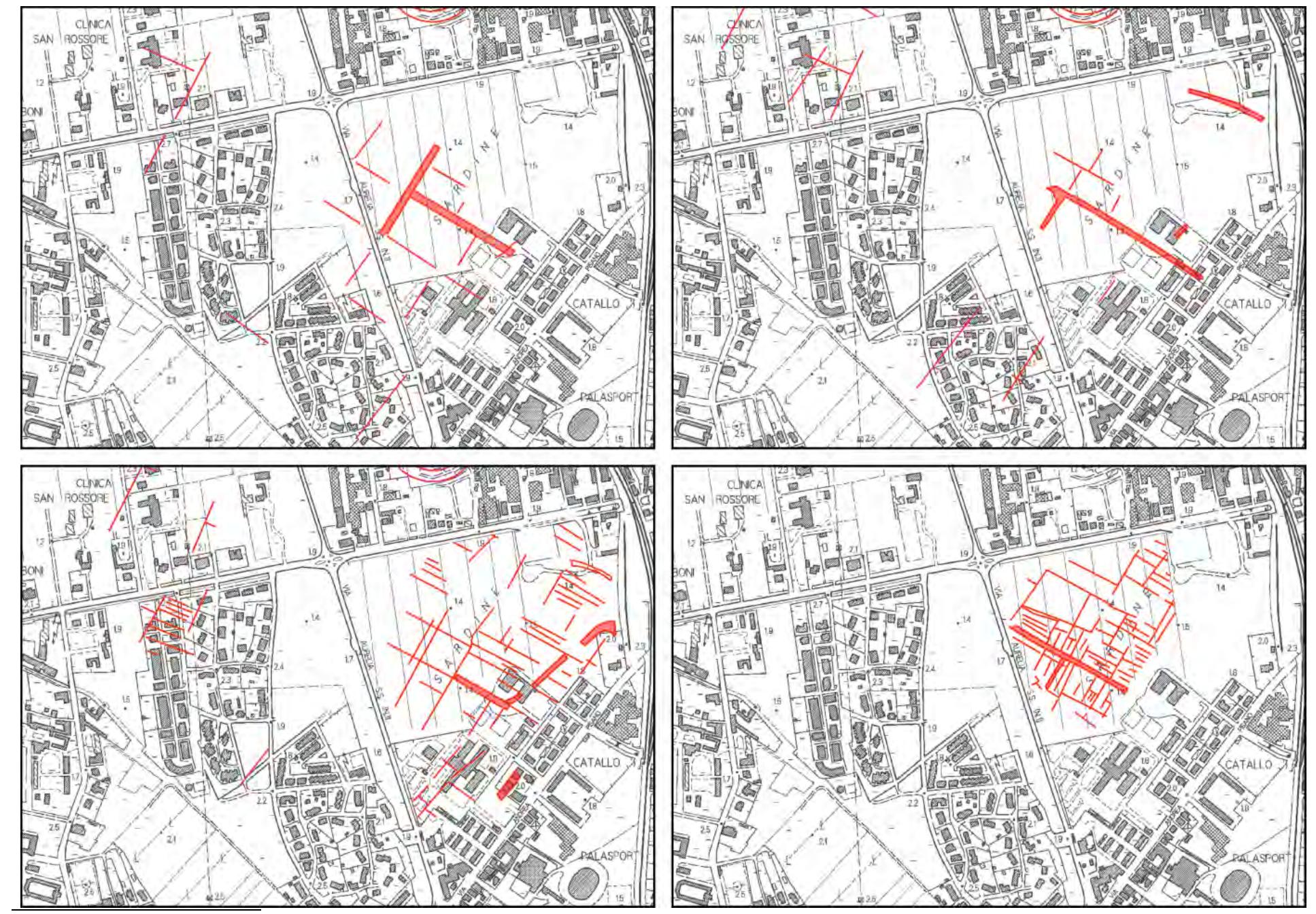 Fig. 9.2. Scheibler Area. Detail of the “Map of anomalies”, with graphic rendering of the traces visible in the following flights: RAF 1943 (strip 15, frame 3043), RAF 1945 (strip 262, frame 3230), Base Flight 1954 (strip 7, frame 2052), Prospective Flight 2009.  stereoscopic analysis of the frames?! and directly at the computer with the ArcGIS 10 graphic module; this resulted in the creation of polygo- nal shapefiles and of a “Map of anomalies” for each flight, containing the rendering of the traces identified (Figure 9.2). A different ap- proach was taken with the traces of the ager Pisanus centuriation which, since consisting of roads or canals still in use today, are visible in all the flights. In order to speed up rendering and avoid weighing down the database with heavy records, we decided to digitise these traces using only the orthophoto map created  Each shapefile is associated with a database con taining key information about every singl mapped anomaly. In the absence of coded docu ments for the specific handling of aerial photog raphy anomalies’, a table was developed in th« wake of the experience gained in other researcl projects, both at university and ministerial level”  “ ANnaglyphs were necessary to appreciate the stereoscopic vision of the land only for the 2010 fignt provided by the Municipality of Pisa, with high-definition digital images (1200 dpi).  12  t should be considered that the 1978 flight allowed the rendering of 77 traces of centuriation axes, both cardines and decumani, as well no less than 367 agricultural divisions with t  he same orientation of the centuriation. The forthcoming  study of the limitatio will be further examined, based on integration of the traces identified in previous flights.  13  ve  ntive archaeological evaluation document” — currently t  Regarding the interpretation of aerial images, the indications provided in the format for drawing up the “pre-  he only attempt to provide an official codification for  the sector — are highly unsatisfactory. For observations on the document, see CERAUDO 2011: 7-8.  14  POCOBELLI 1997: 20-21; POCOBELLI 2009: 54; POCOBELLI 201  : 117-118. 