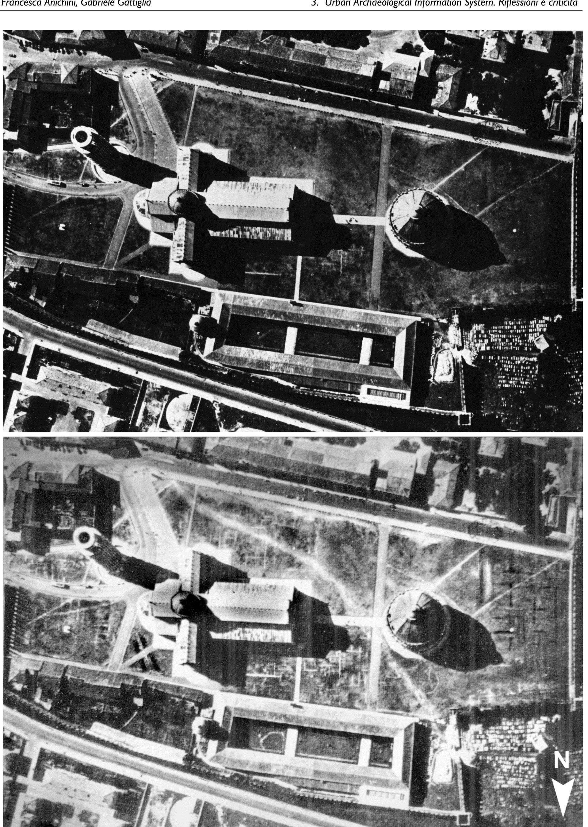 Fig. 9.4. Piazza dei Miracoli. Above, the 1951 frame preserved at the “Centro di Documentazione Aerofotografica Marcello Cosci” (Marcello Cosci Aerial Photography Documentation Centre). Below, the same frame, reworked by M. Cosci, where numerous vegetation traces determined by buried masonry structures may be detected (by courtesy of E. Paribeni). 
