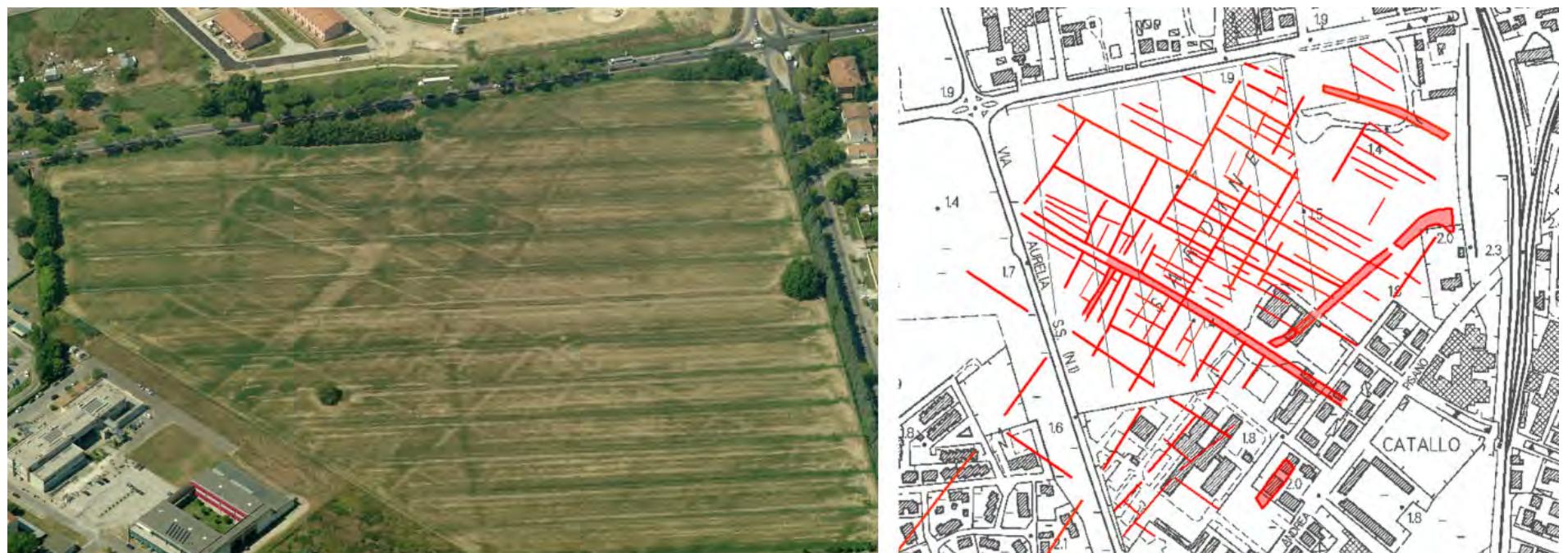 Fig. 9.11. The so-called “Scheibler Area” in a prospective frame of 2009 and detail of the “Map of archaeological traces”, fi. nal representation of the anomalies detected in all the flights. 