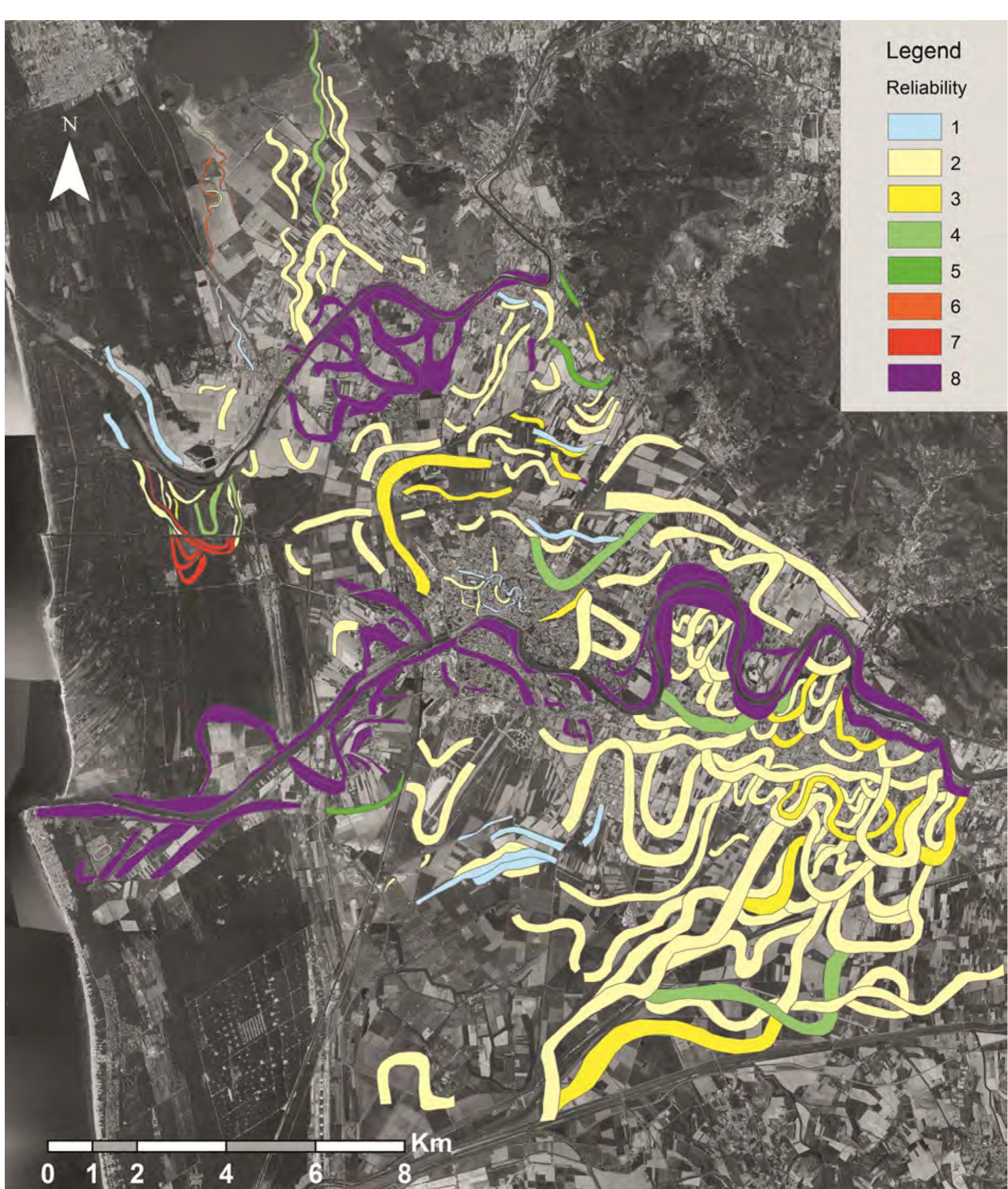 Fig. 9.18. Overall view of traces detected in the area of study and their hierarchisation depending on the respective degree of reliability. 