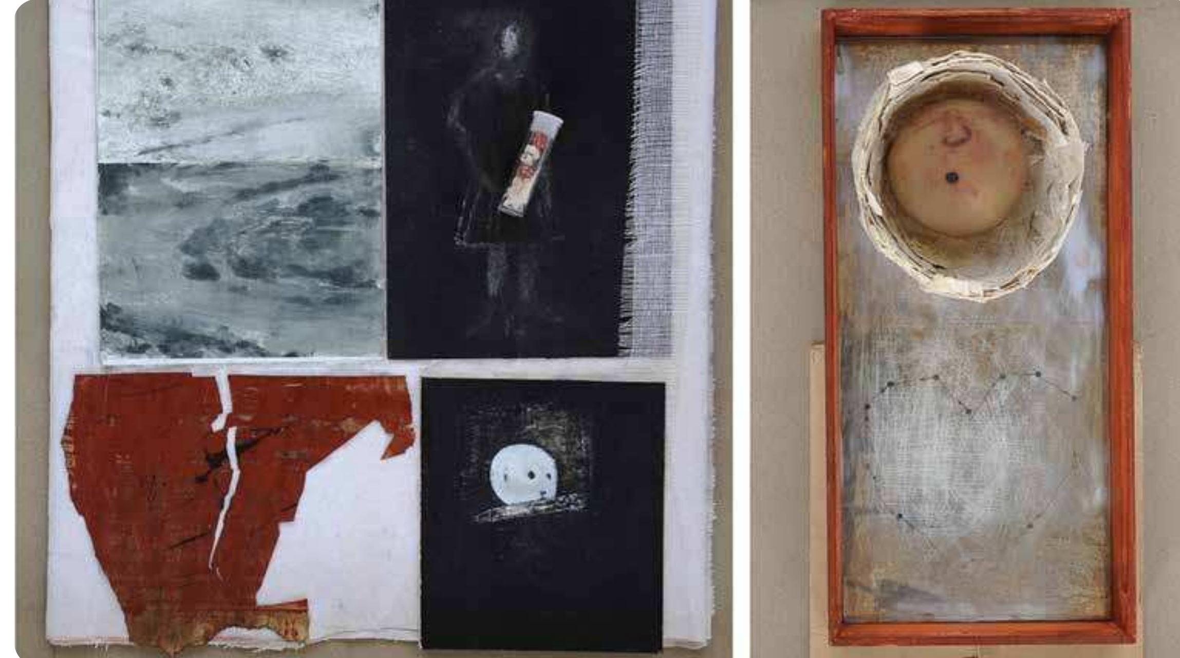 Josephine Grindrod, Ties that Bind (detail), 2010-12, mixed media, 360 x 60cm. Photo: Kelly Walsh  This motif — made visible by attending to the artwork with the matrixial gaze of fascinance - may be read as evidence of the archaic feminine carrying within it the memory of Isis, mother goddess, whose lap personified the throne of Egypt.*° Her slain husband was first hidden in a box, a coffin, then cut into pieces and scattered through the land. Isis found and reassembled these remnants and restored the dismembered man to life. The artwork shows what can be surmounted. Love, true love. It never dies.  Psychoanalysis of the Unthought Known, London: Free Association Books, 1987, 277-83.  15. James Elkins. What Painting Is: How to Think about Painting using the Language of Alchemy, London: Routledge, 2000, 5.  16. Pollock, ‘Gleaning in History’, 274.  17. ‘Feminine does not design the opposite of the masculine in a feminine/masculine dichotomy. Feminine is to be understood, matrixially, as a differential potentiality before and beyond this [phallic] dichotomy’. Ettinger, ‘Fascinance’, 68.  18. Pollock, ‘Gleaning in History’, 281, 283, 287.  19. Griselda Pollock, Differencing the Canon: Feminist Desir and the Writing of Art’s Histories, London: Routledge, 1999, 101.  20. Pollock, ‘Gleaning in History’, 285.  21. ‘The metramorphic consciousness has no center, canno hold a fixed gaze — or, if it has a center, constantly slides to the borderline, to the margins. Its gaze escapes the margin: and returns to the margins. Through this process the  limits, borderlines and thresholds conceived are continually transgressed or dissolved, thus allowing the creation of nev ones’. Ettinger cited in Pollock, ‘Gleaning in History’, 278-9. 22. Ettinger. The Matrixial Border Space, 72.  23. Pollock, ‘Gleaning in History’, 268.  24. Term used by Jacques Lacan to define phenomena that straddle the inside-outside binary. Ettinger uses the word to ‘evoke that borderline that is the inner limit of the one and the outer edge of the other at one and the same time — the womb in late pregnancy, for instance! Pollock, ‘Gleaning in History’, 288.  25. Anthea Cotterell and Rachel Storm (eds.), The Ultimate Encyclopaedia of Mythology. New York: Hermes House, 1999, 290.  intuited in an image where the artwork, as site of insight, allows ‘shifts’ in its ‘circuits’ through the restored capacity for linking, and thus the production of new meanings.?°  Ties that Bind is structured so that the multiple paintings of the child with her carers above  — who look out, at, and into the long vitrine beneath — may not be comprehended in a single glance. Rather, the work invites constant relays between the figures of the child and her caregivers and the vitrine, from left to right.  In the visually diffused field a loosening of  the frozen relations between things is made possible. In this mode, which Ettinger terms metramorphosis,?' something that exists on the margins of the work is revealed; motives for making Ties that Bind may be understood and the unbidden questions | asked of it might be answered.  Ettinger’s reminder that ‘a subject does not only look with desire for an absent object ... Rather, from a matrixial angle, she looks with  a longing desire for the affective looking-for’  is pertinent here.2? The artwork maps such  a search. It records my need to understand  the impacts of a catastrophic event on the subject who directly experienced it. It provides a record of the ‘affective looking for’, and thus reassurance about what might be drawn on  for survival. In the knowledge thus perceived, which passes from artwork to viewer, a quietly recurrent, lovingly constant motif makes itself, an unthought, known. Residing beneath, existinc alongside the artwork’s anticipated subject of trauma’s feared and vengeful eye, an other sign may be discerned by those who seek it. The work reveals multiple images of a baby on its mothers’ lap; lap as love and site of linking, as extimate,* as grounding plane. 