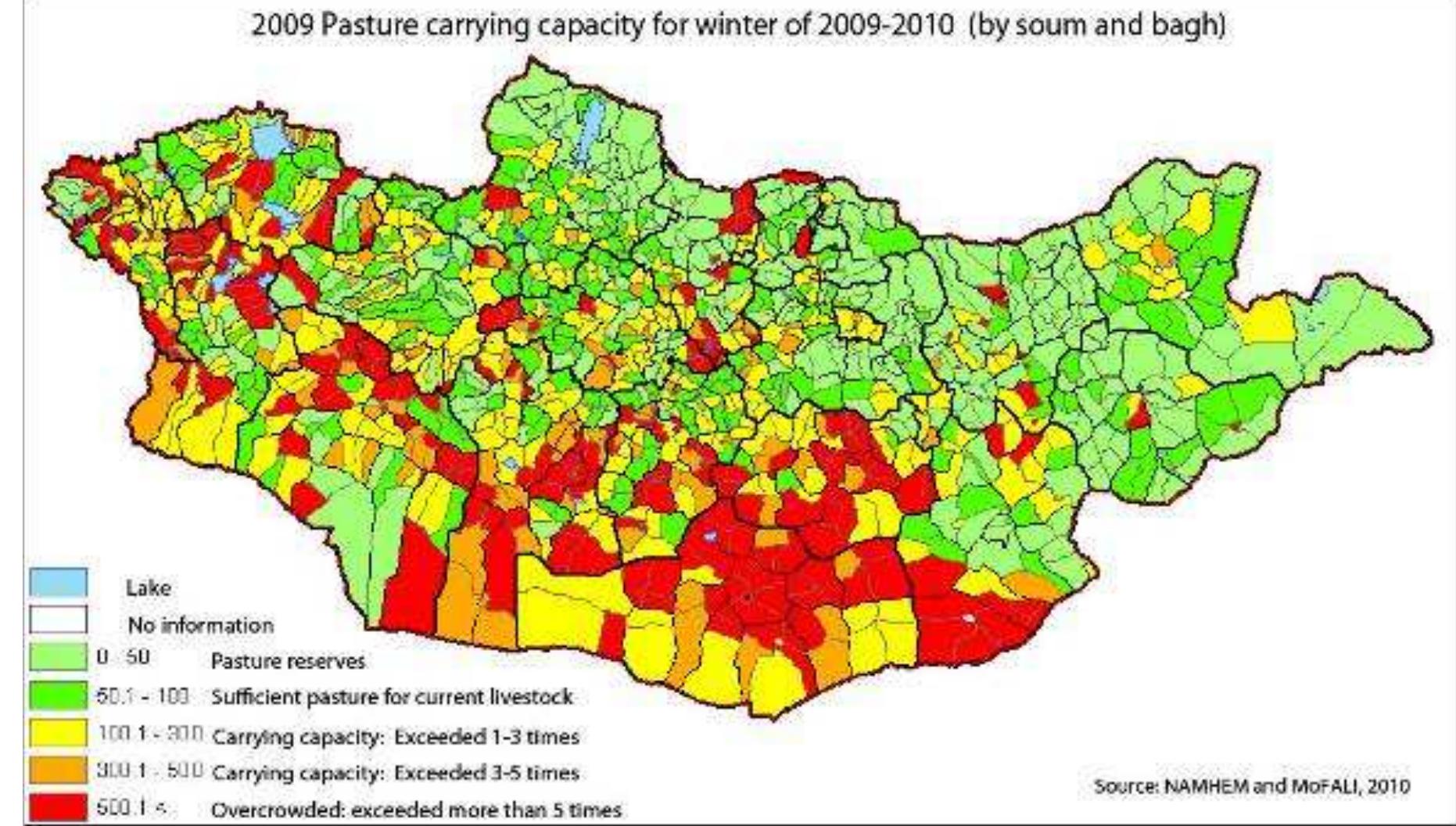 Winter weather forecast was completed on August, 23" Tt could be noted from the seasonal prediction that there would be above average snowfall in five Gobi and four northern aimags during December, and that these heavy snowfalls would switch to central and northern aimags in January. Temperature would be around multi-year mean temperature or warmer during December to March. Reading this prediction is not easy for people who are not professional in meteorology, but it was interpreted by professional meteorologist for the main decision makers.  Map 1: 2009 Pasture Carrying Capacity for Winter of 2009-2010 (by soum and bagh) 