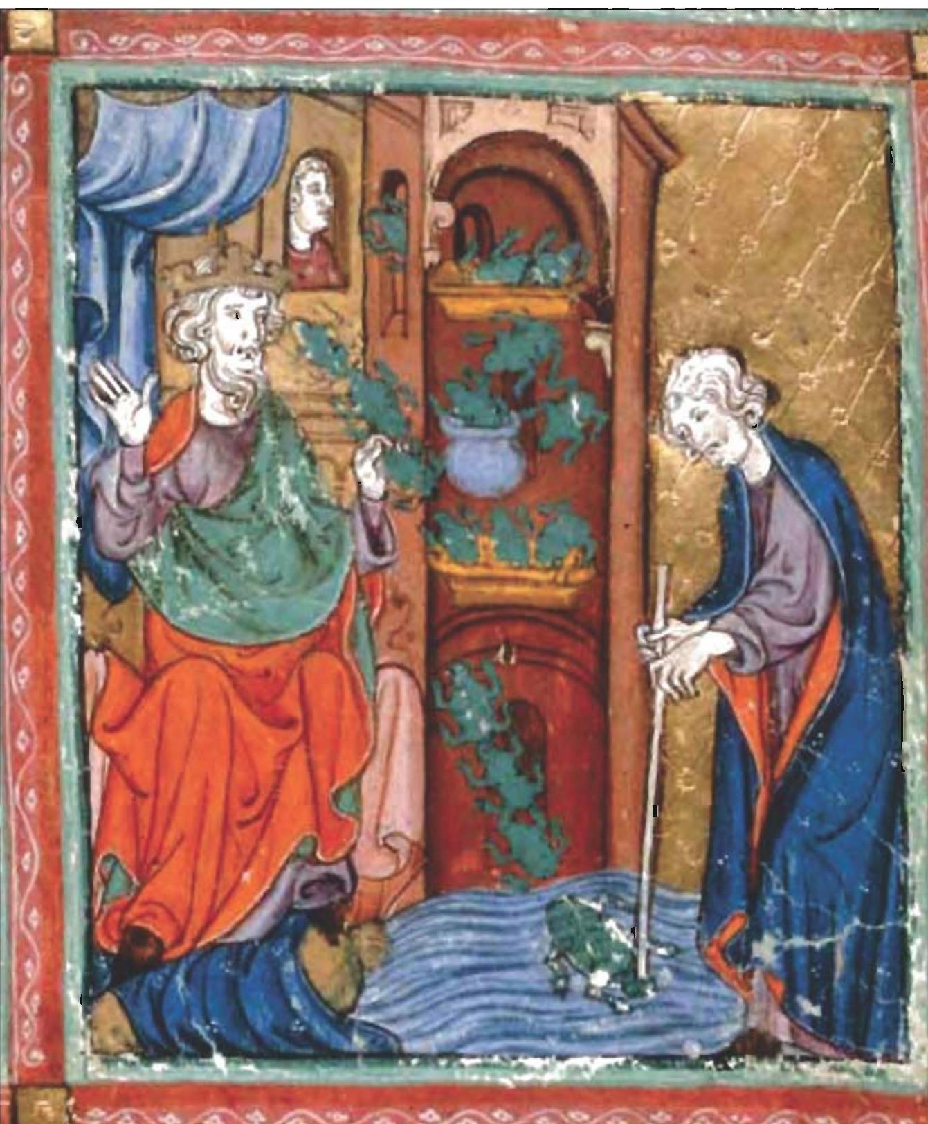 What, then, do we learn from the case of the miraculous farting frog of Barcelona? The men and women who planned and executed this manuscript moved beyond the biblical text and its rabbinic com- mentary to articulate  The plague of frogs depicted in the “Golden Haggadah,” 14""-century Spain. (Courtesy of the British Library, London.)  he Golden Haggadah’s miraculous frog is a  small detail, liable to be glossed over in a man- uscript that contains many treasures. But no one could fail to notice the animal-headed figures in the first, and most famous, illuminated Haggadah, the so-called “Birds’ Head Haggadah.” Within the rather modest field of Jewish art history, the Birds’ Head Haggadah, produced in Southern Germany around the turn of the 14" century, is as much of an enigma as the Pyramids of Giza or Mona Lisa’s smile. It mysteriously depicts all of the Jews in its pages as having the heads of birds. However, their beaks are supplemented with mammalian ears and  beards so that they look like griffins (hybrids of li- 