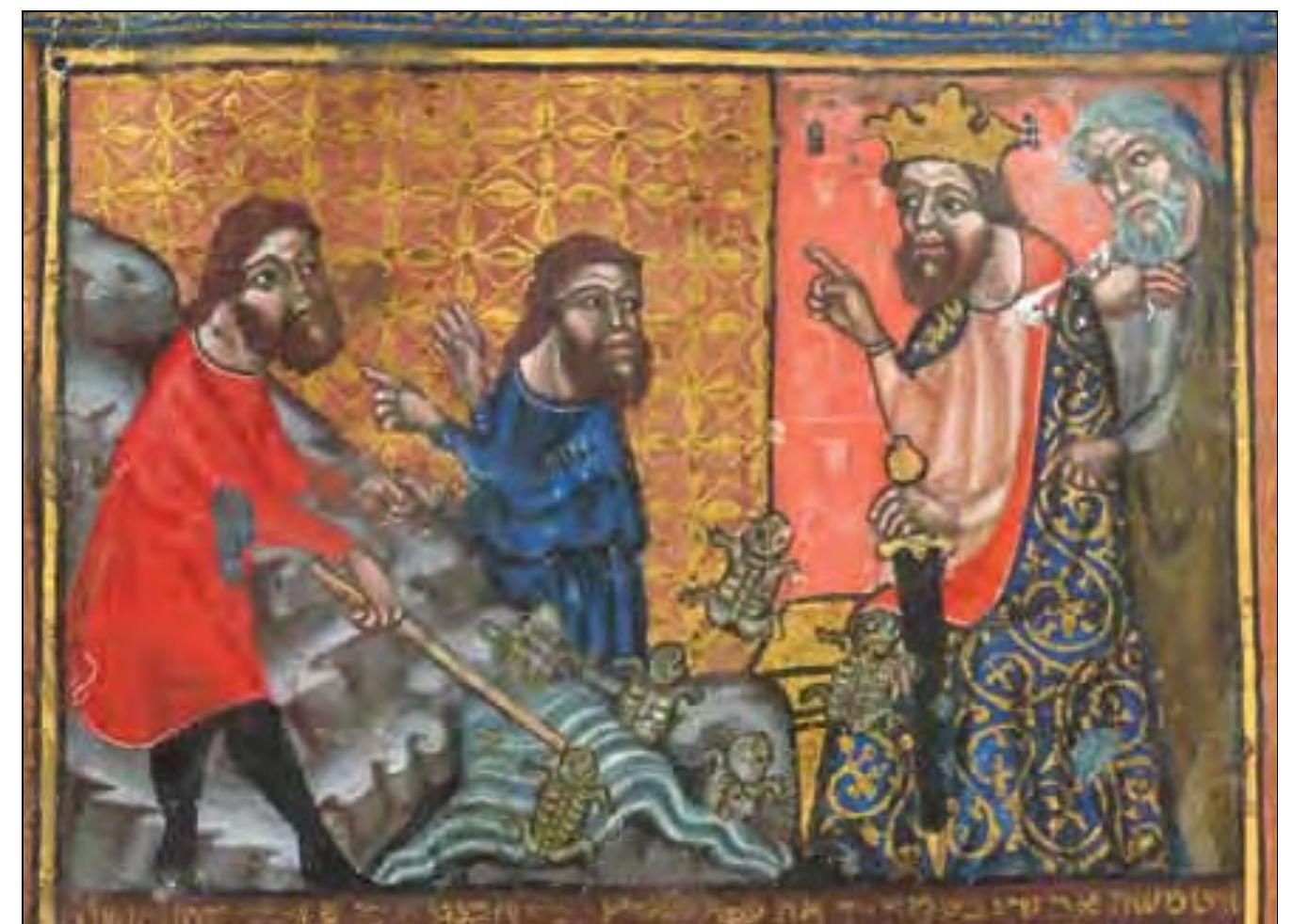 However, what is most interesting to me in the Birds’ Head Haggadah is what we can learn from the distinctions made among the various griffin- headed Jewish figures in the manuscript. Most of the Jewish adult male figures in the manuscript wear the peculiar, pointed Judenhut. This “Jewish hat”— of which not a single physical example survived the Middle Ages—always signifies a Jew in medieval Christian art, whether that person is a prophet, or patriarch, or an enemy of Jesus. Occasionally, it even appears on the head of Jesus himself, as in the depiction of the Supper at Emmaus in the so-called  Pealter af St Tonic.  The plague of frogs depicted in the “Brother Haggadah” 14""-century Spain. (Courtesy of the British Library, London.)  As Meyer Schapiro and others have noted, these figures are clearly an attempt to comply with the halakhic prohibition against complete pictorial rep- resentations of humans. But this can’t be the whole answer, for the Birds’ Head Haggadah complies with this prohibition in the case of Pharaoh and his sol- diers by representing them (originally) with blank, human-shaped faces. This may be a case of artistic aggression (as enemies of the Jews, the Egyptians  Wille ClloldveU Ill +5yYrr_ refusing to change their language, their clothing, or their Hebrew names. Given that the midrash explic- itly affirms that the Jews continued to wear their dis- tinctive clothing, the denial of the Jewish hat to these figures seems strange.  are literally effaced) but it also shows that one can avoid depicting the human face without resorting to birds’ heads. 