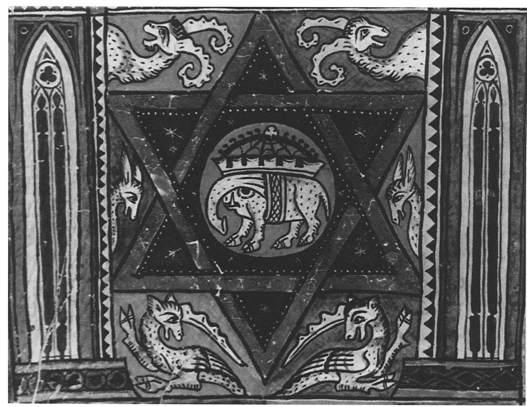 power of Torah. Though it does not yet stand as a symbol for the Jewish people or Judaism, it nonetheless acquires a specifically Jewish meaning based on its broader symbolic associations. That meaning is related to the comprehensive- ness and inviolability of the Torah. The conflation of the elephant with the hexagram on the opening page of the book of Deuteronomy, far from being a merely whimsical decoration, is an integrated and sophisticated symbolic construction.  MCAleVal JCwsS, Pparulcularly those in southern GerMany, Knew the hexagram as a magical symbol. They used it widely on magical diagrams and amulets. But even magical usages do not exist In a contextual vacuum. According to Gershom Scholem, at the beginning of the fourteenth century, the time of the creation of this illumination, the hexagram was the symbol of the angelic name Taftafiyah.*® This is one of the names of Metatron, the primary angelic intermediary between heaven and earth,*? the “teacher of Torah in the Divine Academy.”*° The shape of the hexagram, with its upward- and downward-pointing triangles, serves as a visual metaphor for the function of Metatron as intermediary.*! In medieval German Jewish culture, the hexagram, like Meta- tron himself, was associated with the Torah. In popular magical use, it was often drawn on the obverse of the parchment upon which was written the text of the mezzuzah, the amulet required on every doorpost in every Jewish home.” The mezzuzah was itself symbolic of the totality of Torah. The hexagram, through its association with Meta- tron, the mezzuzah, and Torah, refers to the protective 