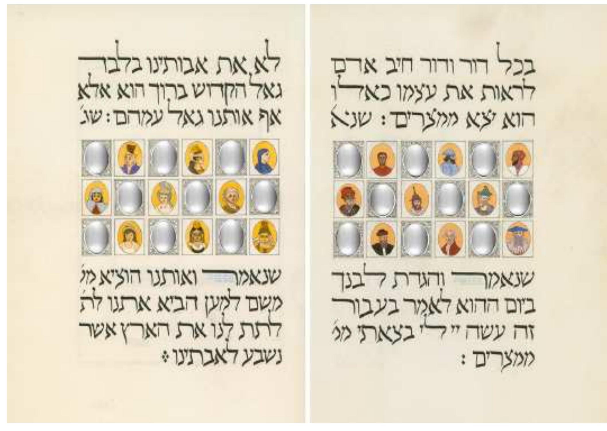 the opposite folios, so that as one opened the book, the figures on each side of the page  would “view themselves” in these mirrors, and the user of the haggadah, peering down 