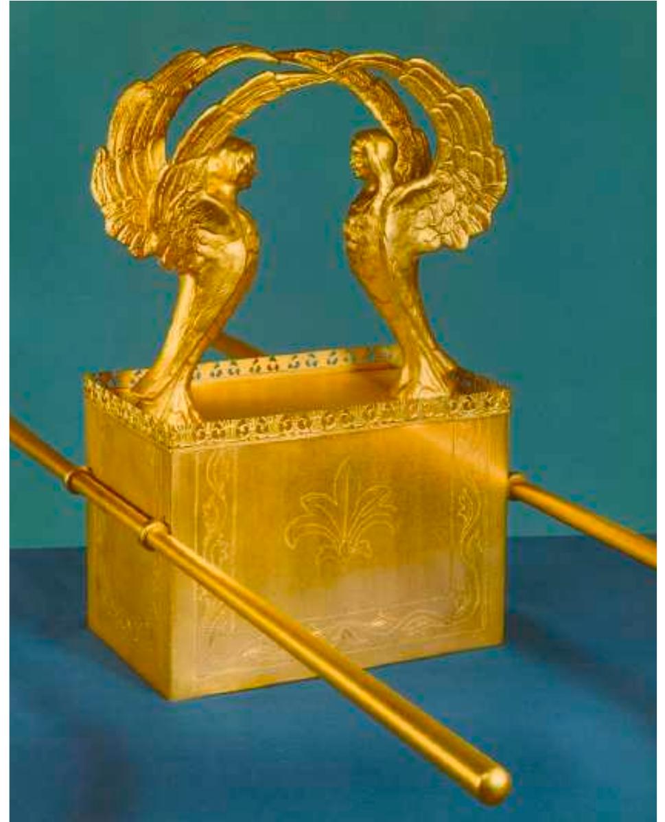 Witness the opening folio of the Book of Numbers in a South German Pentateuch with Megillot, illuminated around 1300 (plate 1). Here, four knights hold banners with the symbols of the major tribes camped around each of the four sides of the Tabernacle in the wilderness, safe within small aedicula from the depredations of the grotesque hybrid monsters that surround them. I have demonstrated elsewhere how this illumi- nation represents the principle of divine protection and providence, the predominant theme of the Book of Numbers. But what is important to note in the present context is that the Tabernacle is represented not as an architectural edifice but as a word—the opening word of the Book of Numbers, Va-yiddaber: “and [he—(God)] spoke.” This is not just any word; it represents the Logos—the word of God— manifest as the sacred center of everything. It literally stands in for the Tabernacle in the center of the Israelite camp, which was, after all, built to enshrine the Tablets of the Covenant: a physical manifestation of God’s word. It represents, by extension, the centrality of scripture—of God’s words to Moses—in the Israelite experience, in this biblical book, in the entirety of Pentateuch, and in subsequent Jewish tradition. This concept is profound in itself, but it is most fascinating that the creators of this manuscript chose to represent this concept visually: they chose to represent the primacy of the word in the tradition via the image.”  In Christian tradition, a sacred image bears the imprint of historical tradition; it  verifies the dreams of its beholders: it intervenes miraculously. raising a hand. crvine  FIGURE 2 Cherubs on the Ark of the Covenant (reconstruction). From Moshe Levine,  The Tabernacle. Jerusalem: Soncino,  1969 